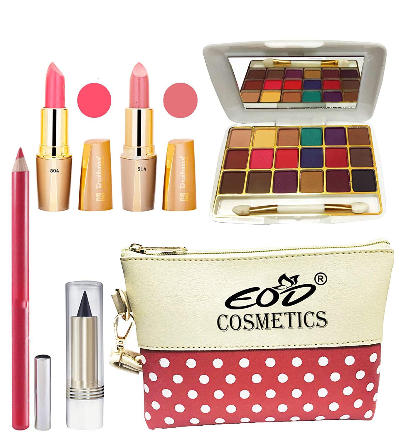 EOD True Color 6-Piece Makeup Kit - 2 Creamy Matte Lipsticks, 18-Color Eyeshadow Palette, Lip Pencil & Kajal with Multi-Purpose Pouch | Perfect for Everyday Beauty & Party Looks