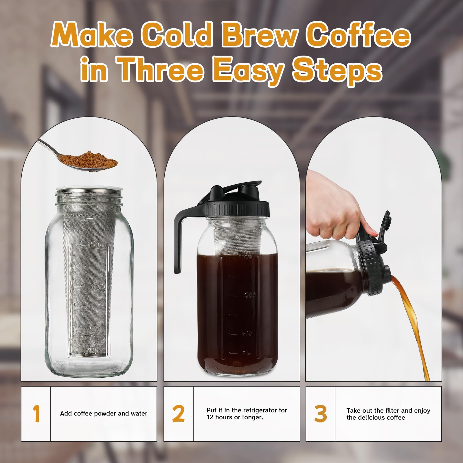 Premium DWTS DANWEITESI 64 oz Cold Brew Coffee Maker - 2-Quart Wide Mouth Mason Jar Pitcher with Stainless Steel Filter, Lid & Spout - Perfect for Iced Coffee, Cold Brew Concentrate & Homemade Coffee Drinks at Home, Office or Camping