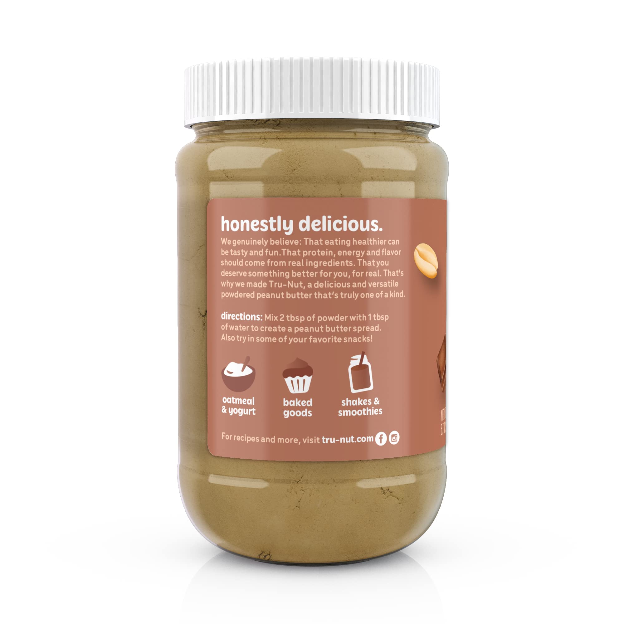 Tru-Nut Chocolate Peanut Butter Powder - Vegan, Gluten-Free, 4g Protein, 50 Calories per Serving - Healthy Peanut Butter Alternative for Smoothies, Baking & Snacks - 6.7oz (190g) Jar
