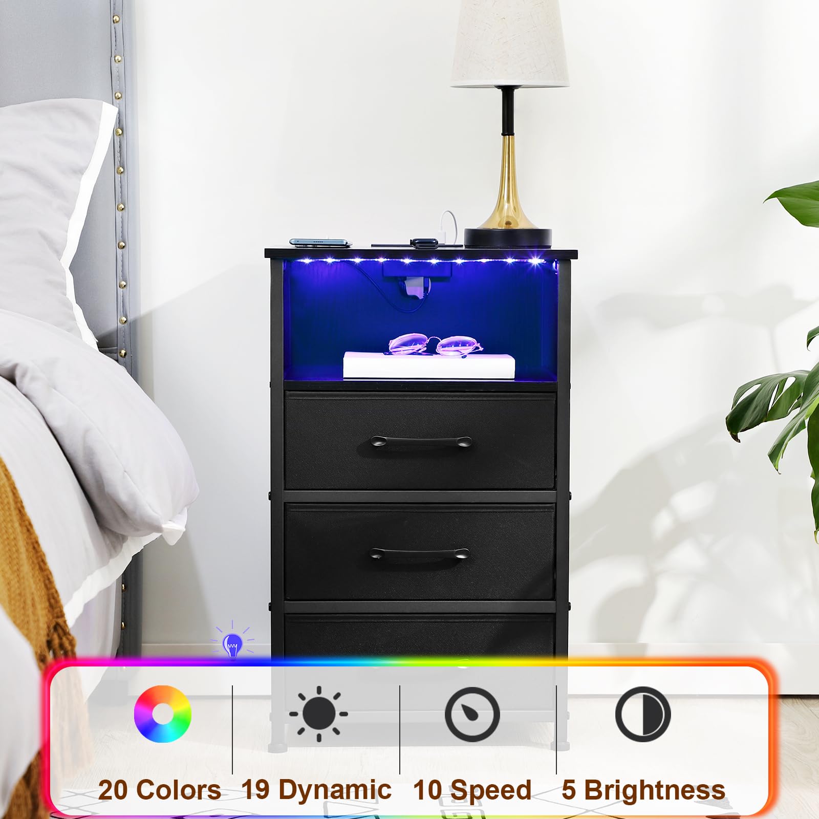 Black Night Stand Set of 2 - Modern LED Bedside Tables with USB-C Charging Station & Power Outlets - 3 Fabric Drawer Storage End Tables for Bedroom, Living Room, or Office (HNS033BK)
