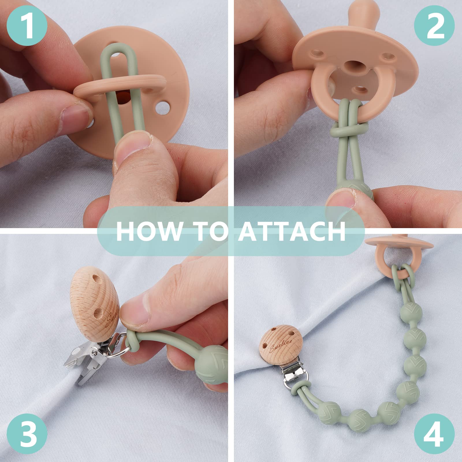 2 Pack Wooden Pacifier Clips for Baby Boys & Girls - One-Piece Binky Holder Clips with Natural Design - Perfect Baby Shower Gift & Birthday Present - Ideal for Strollers, Car Seats & Daily Use (Sage+Ether)