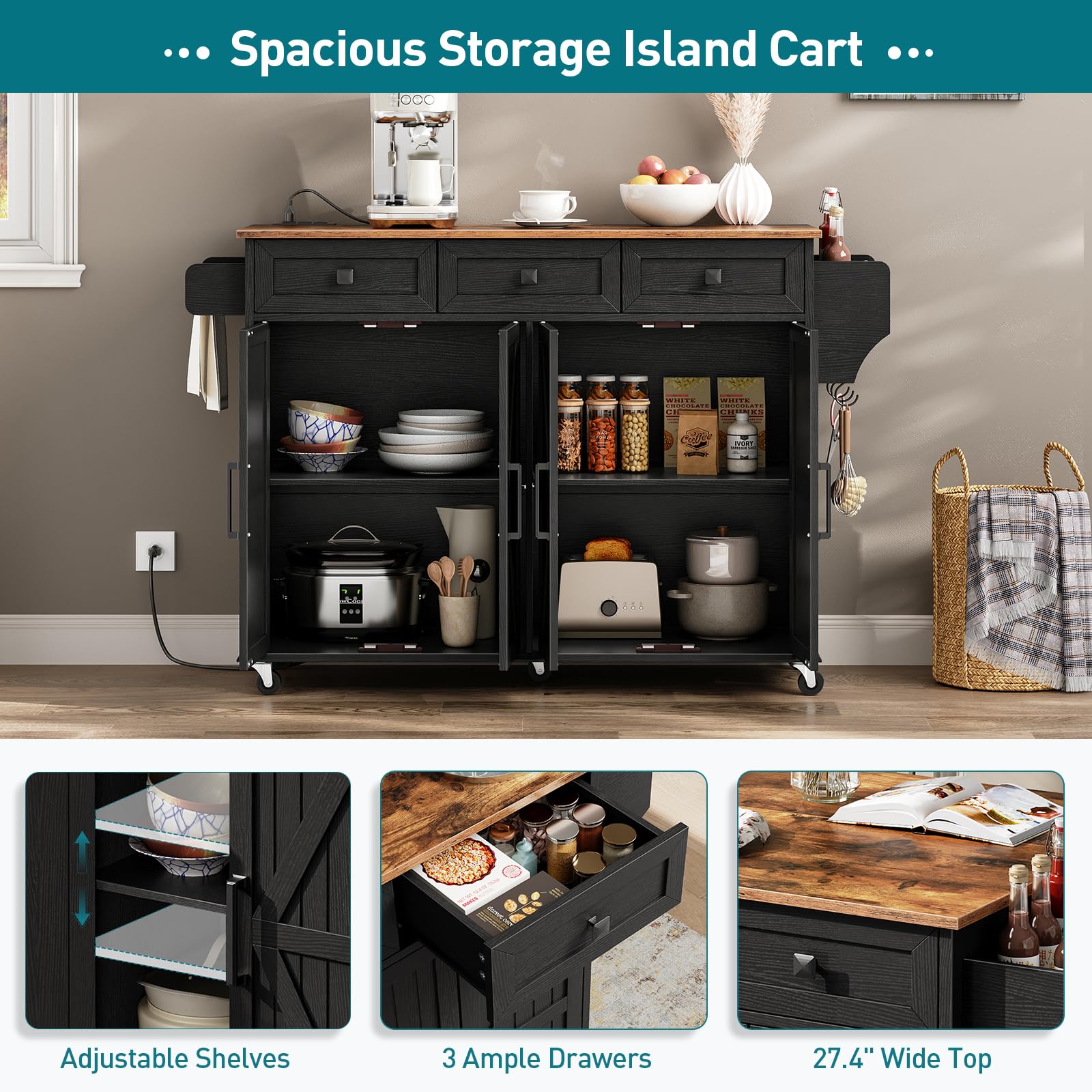 **Black & Rustic Brown Kitchen Island Cart with Drop Leaf, 3 Drawers, Towel Rack, Spice Rack & USB Charging Station – Mobile Storage Table for Small Spaces, Breakfast Bar & Kitchen Organization**    *(Use Cases: Perfect for small kitchens, meal prep, extra counter space, breakfast nook, or as a portable serving cart for entertaining.)*