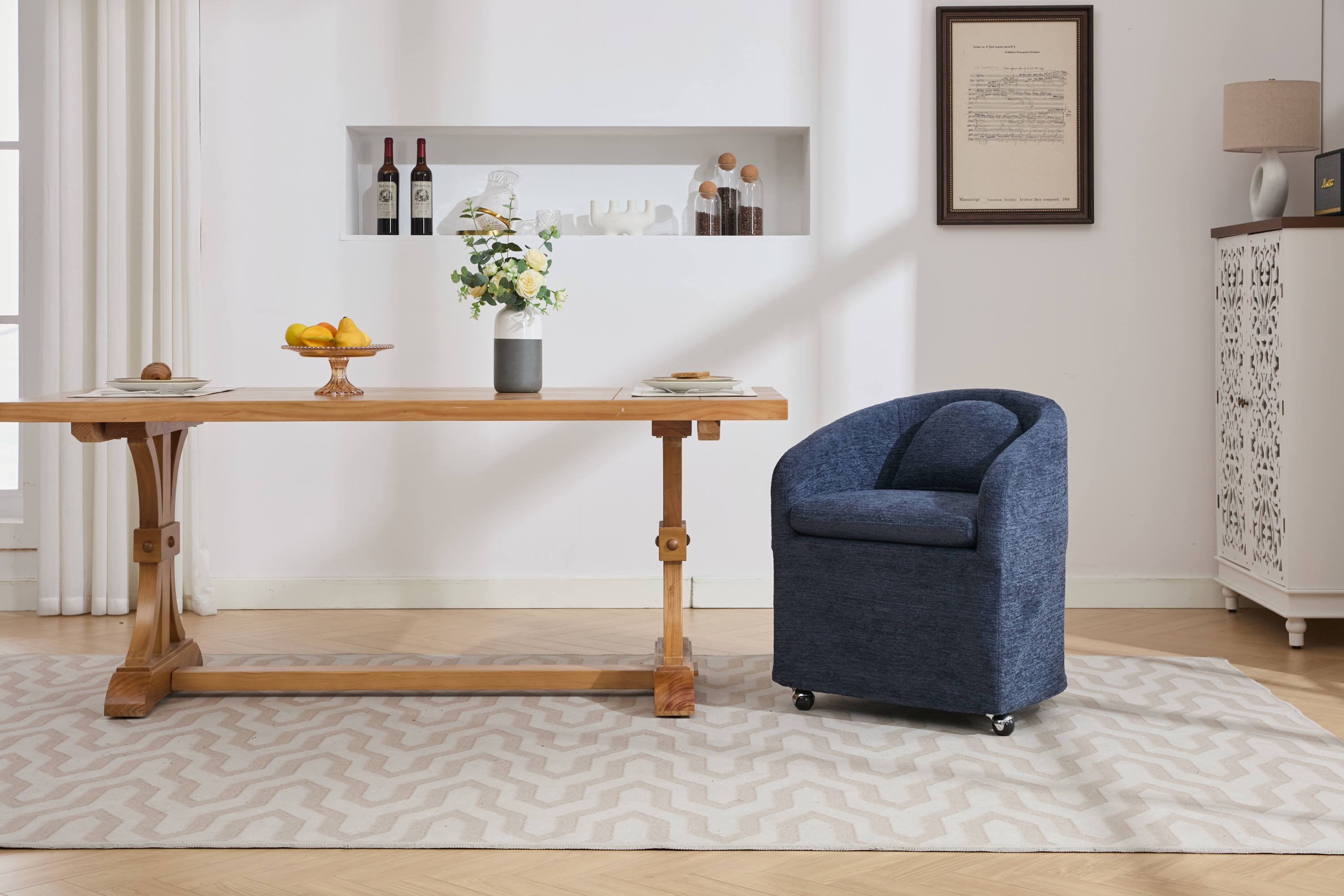 Blue Chenille Fabric Dining Armchair with Back Cushion & Universal Wheels - 1-Piece Set for Home, Office or Restaurant Use