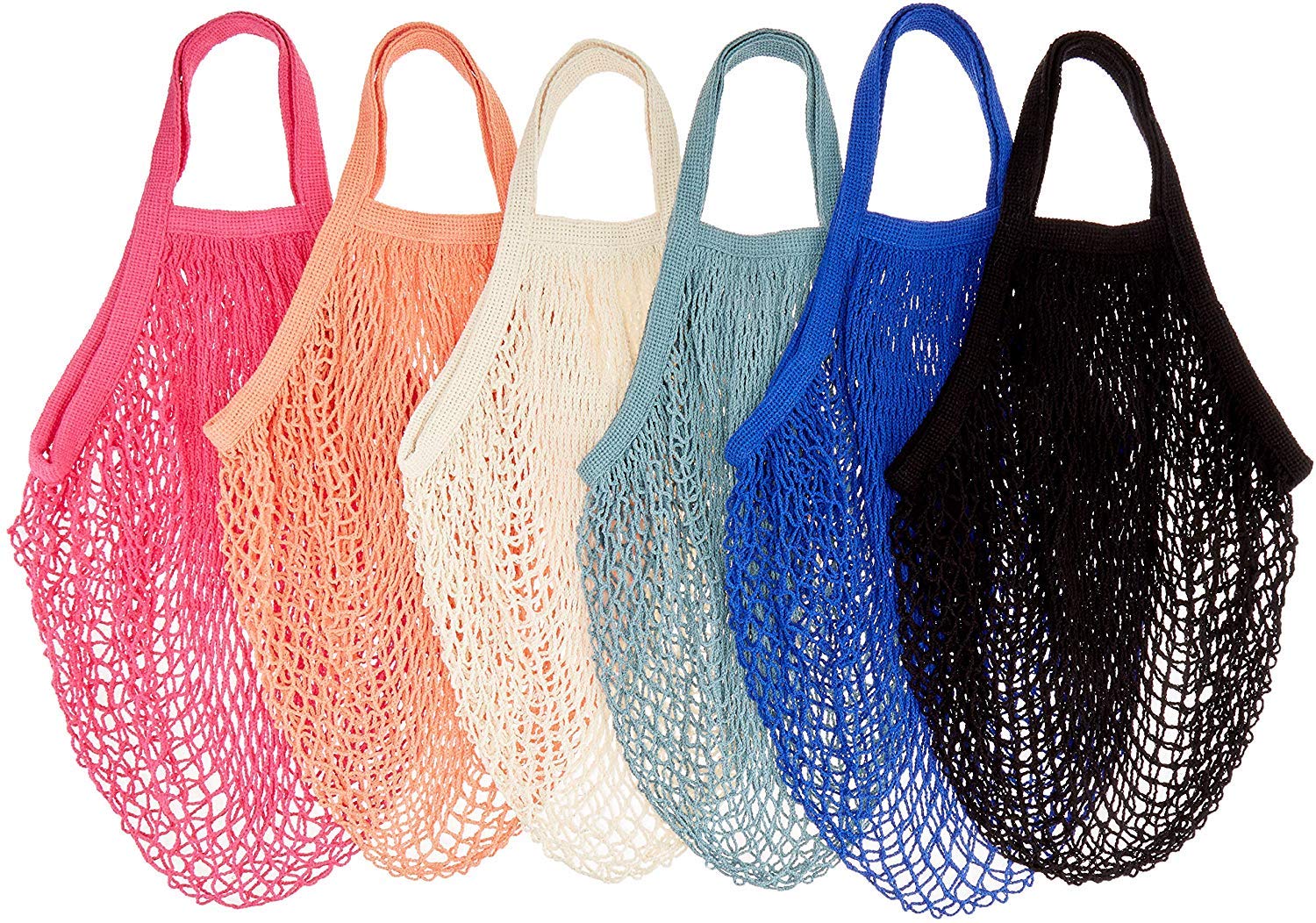 6 Pack DimiDay Natural Cotton Short Handle Net Tote Bags - Reusable Grocery Shopping Bags (Grey Blue/Blue/Black/Beige/Pink/Red, Multicolor) - Perfect for Farmers Market, Beach Trips & Eco-Friendly Shopping
