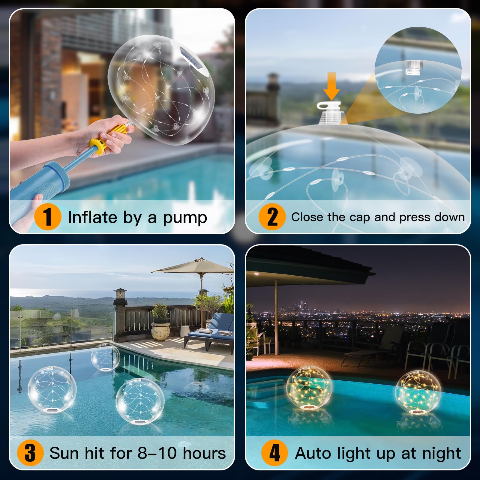Solar Powered Floating Pool Lights - 14 Inch 3000K Warm White Inflatable LED Glow Balls, IP68 Waterproof for Inground Pools, Christmas & Outdoor Decorations - Perfect for Night Swimming, Pool Parties, and Holiday Lighting