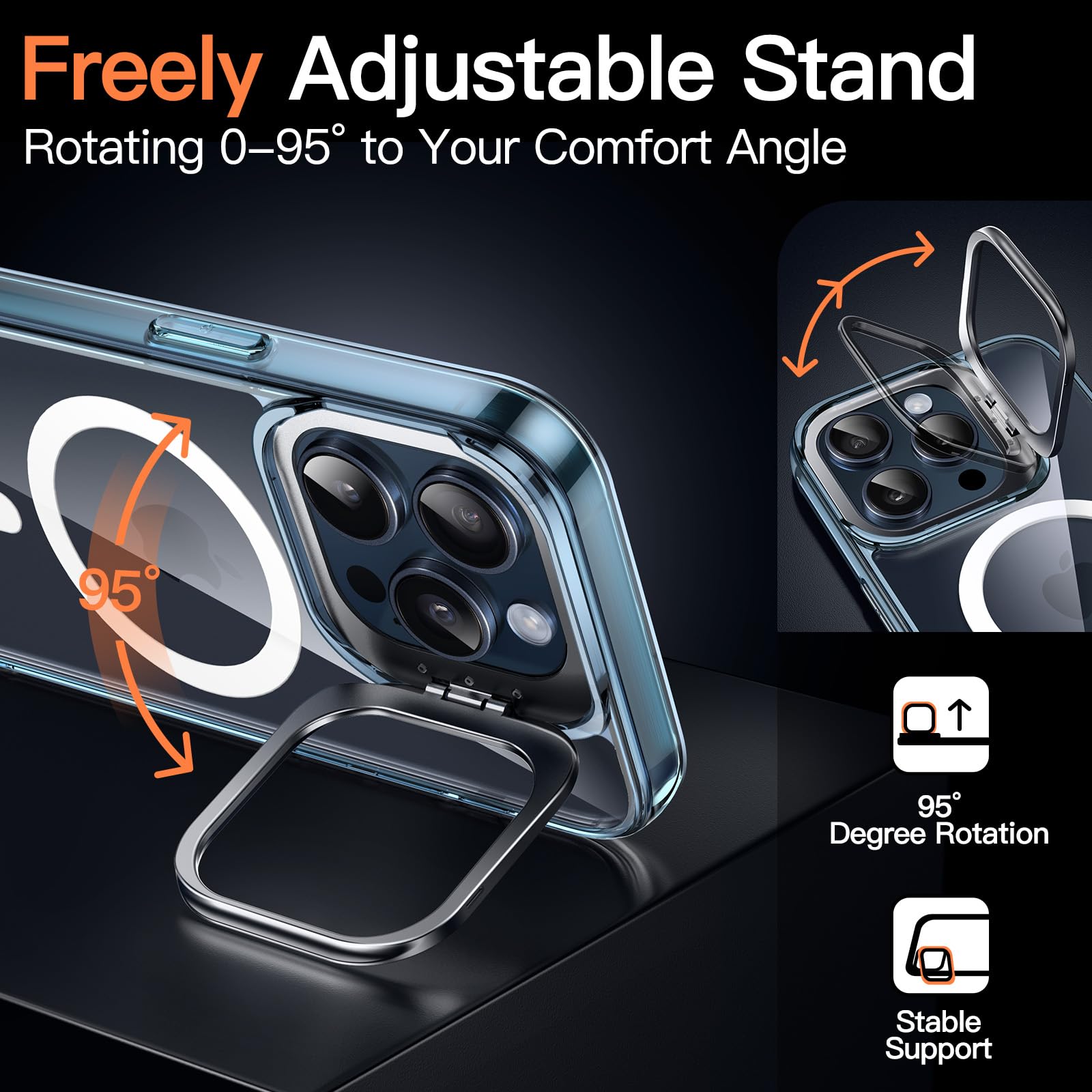 JETech Kickstand Case for iPhone 15 Pro Max 6.7-Inch - MagSafe Compatible, Shockproof Bumper Cover with Built-in Camera Stand & Anti-Scratch Back (Blue Titanium) - Perfect for Work, Travel & Wireless Charging