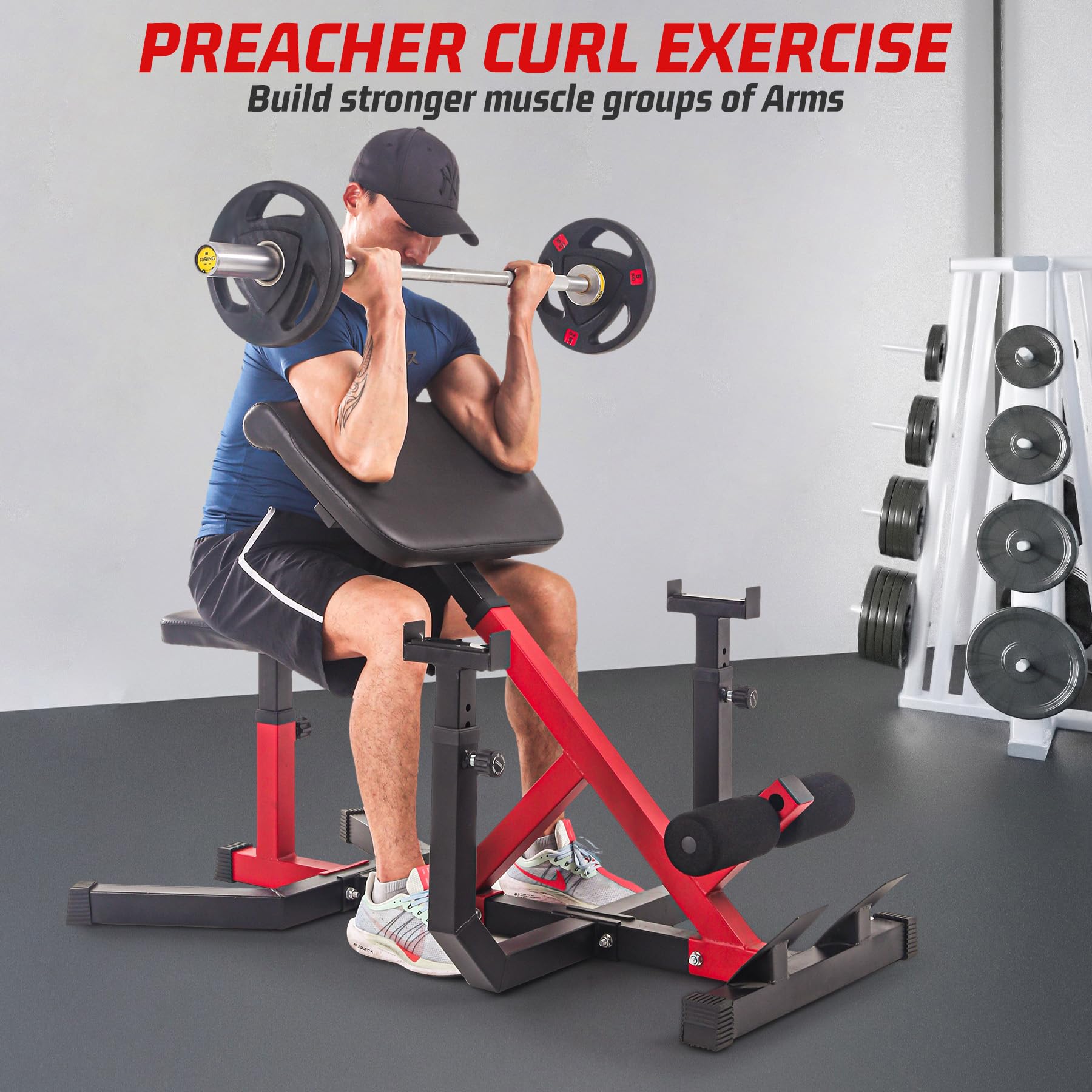 GARVEE 2-in-1 Roman Chair & Preacher Curl Bench - Adjustable Height Hyperextension Bench for Home Gym - Arms, Abs, Back, Glutes & Leg Workout Equipment - Heavy Duty Multi-Functional Fitness Bench (Red) - Perfect for Home Workouts, Strength Training & Core Exercises