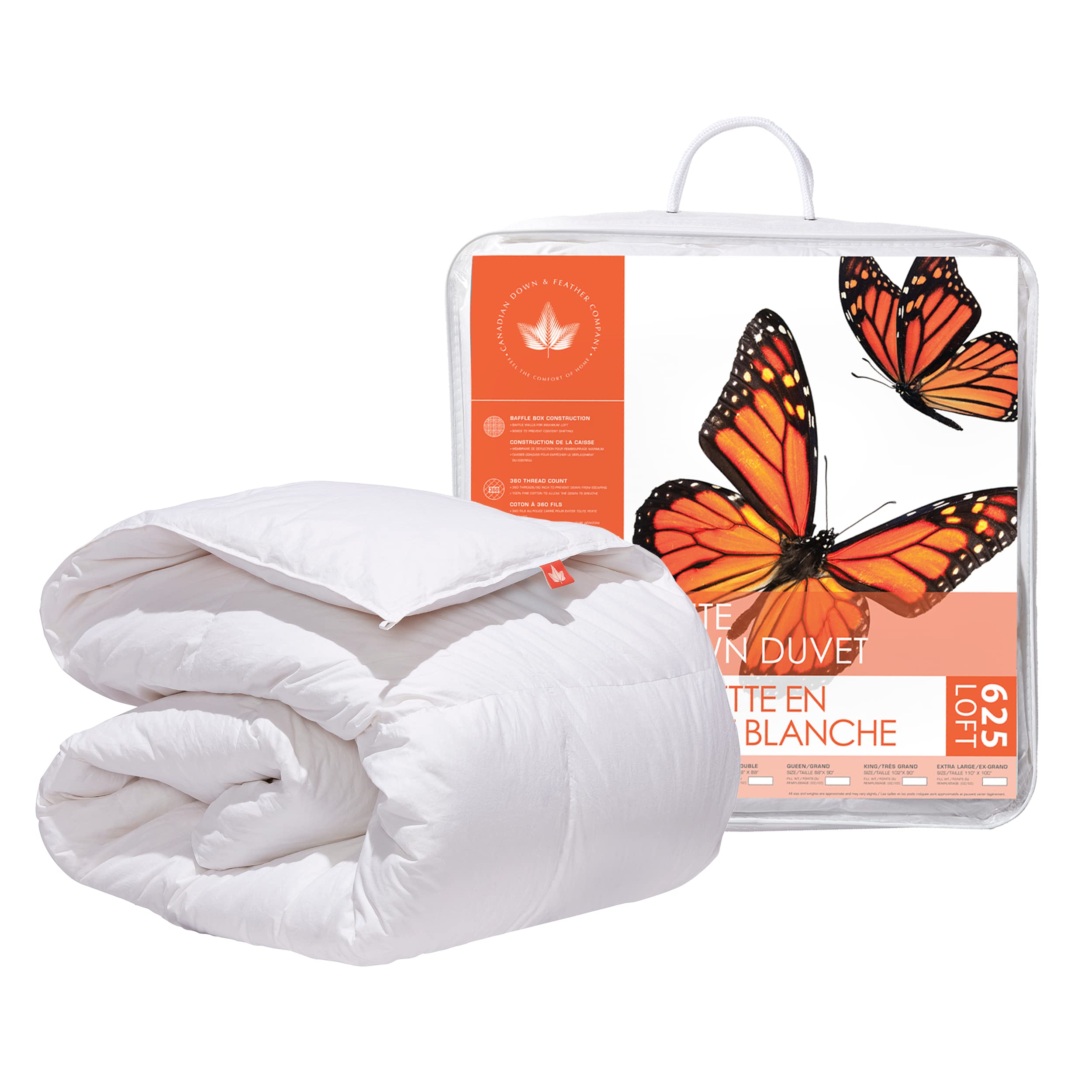 Premium 625 Loft White Down Comforter - All Season Full Size Duvet with 360 TC 100% Cotton Shell - Canadian Down & Feather Co. - Perfect for Bedroom Luxury & Year-Round Comfort - Made in Canada