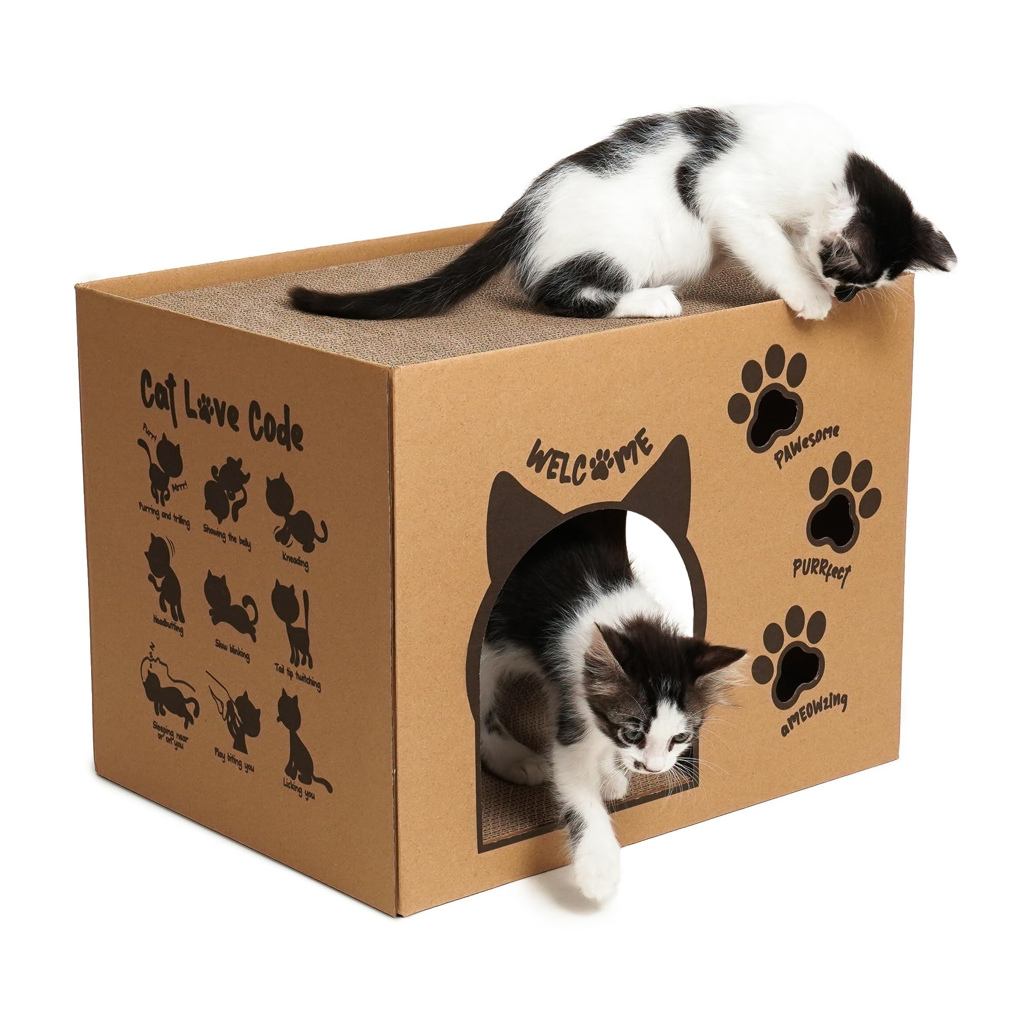Premium Two-Level Cardboard Cat House with Scratching Pads & Catnip - Large Durable Cat Scratcher Lounge for Multiple Pets - 17.5