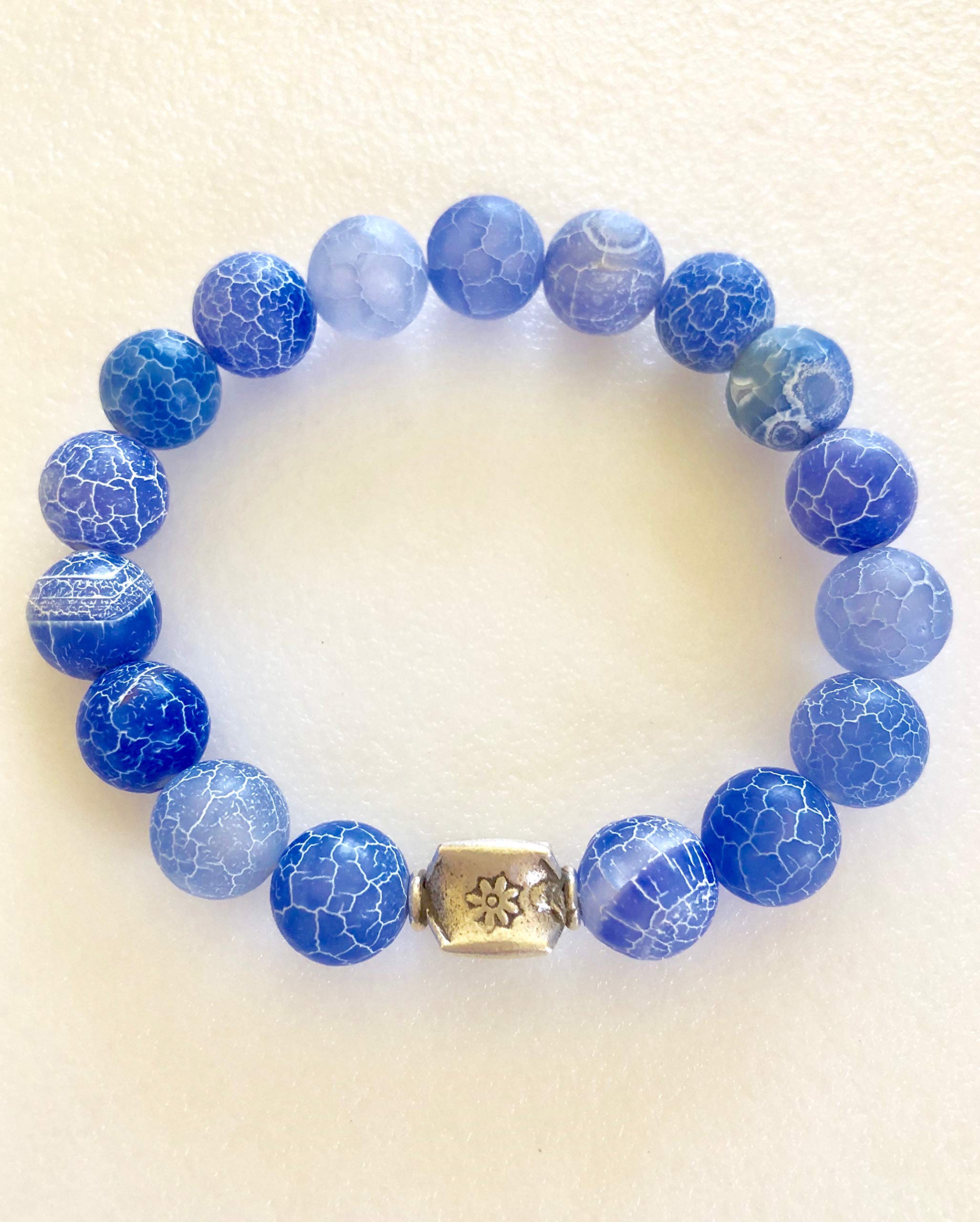 Blue Crackle Agate Stretch Bracelet with Sapphire Gemstones & Karen Hill Tribe Silver - Boho Flower Beaded Healing Crystal Jewelry for Meditation, Yoga & Spiritual Wellness