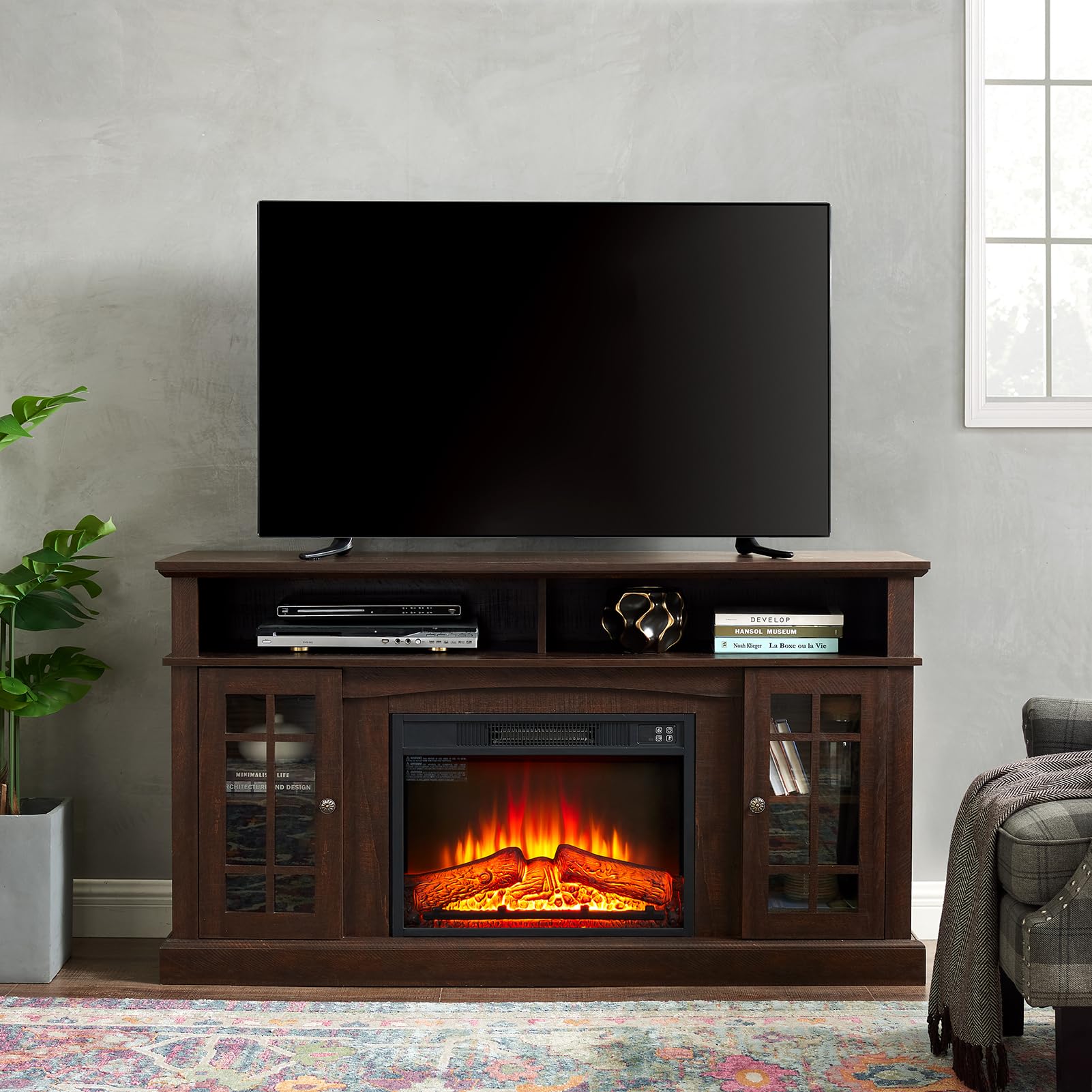 Modern Farmhouse Fireplace TV Stand with Glass Door Cabinets - 65 Inch Media Entertainment Center Console Table with 2 Open Shelves - Espresso Finish for Living Room, Bedroom & Home Theater Setup