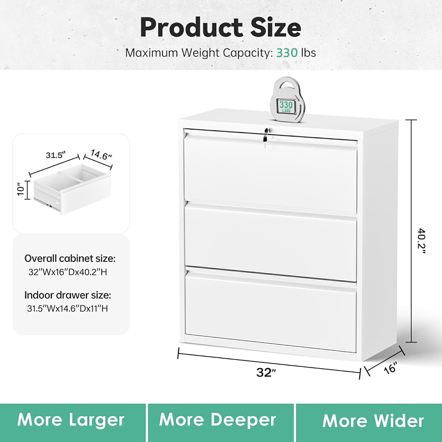Bonusall 3-Drawer Locking Lateral File Cabinet - White Metal Office Storage with Keys for Documents, Folders & Supplies | Perfect for Home Office, Business & School Organization