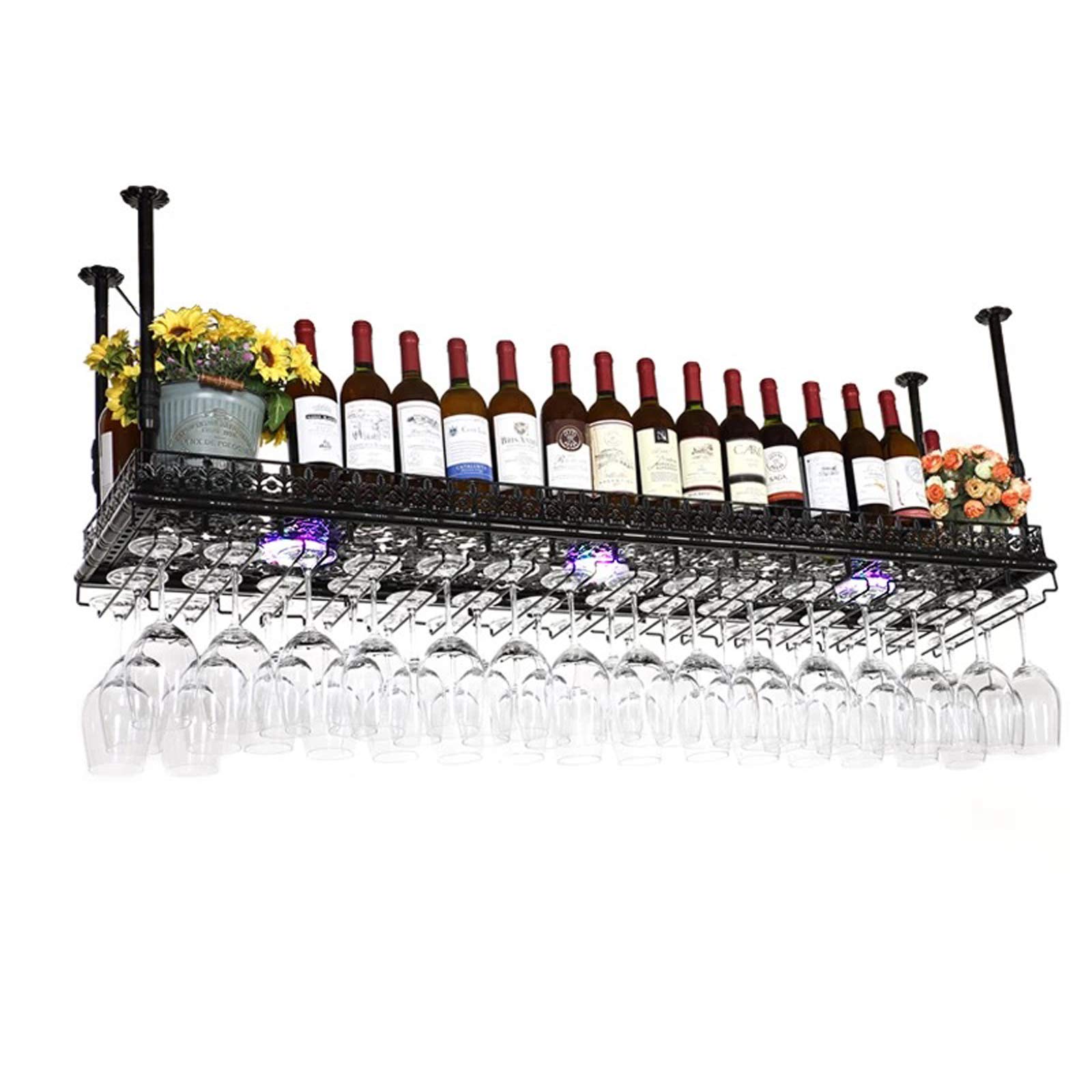 Industrial Retro Metal Wine Glass Hanging Rack - Adjustable Ceiling Floating Shelf for Bars, Restaurants & Kitchens - Black (120x35cm) - Perfect for Wine Storage, Home Decor & Commercial Use