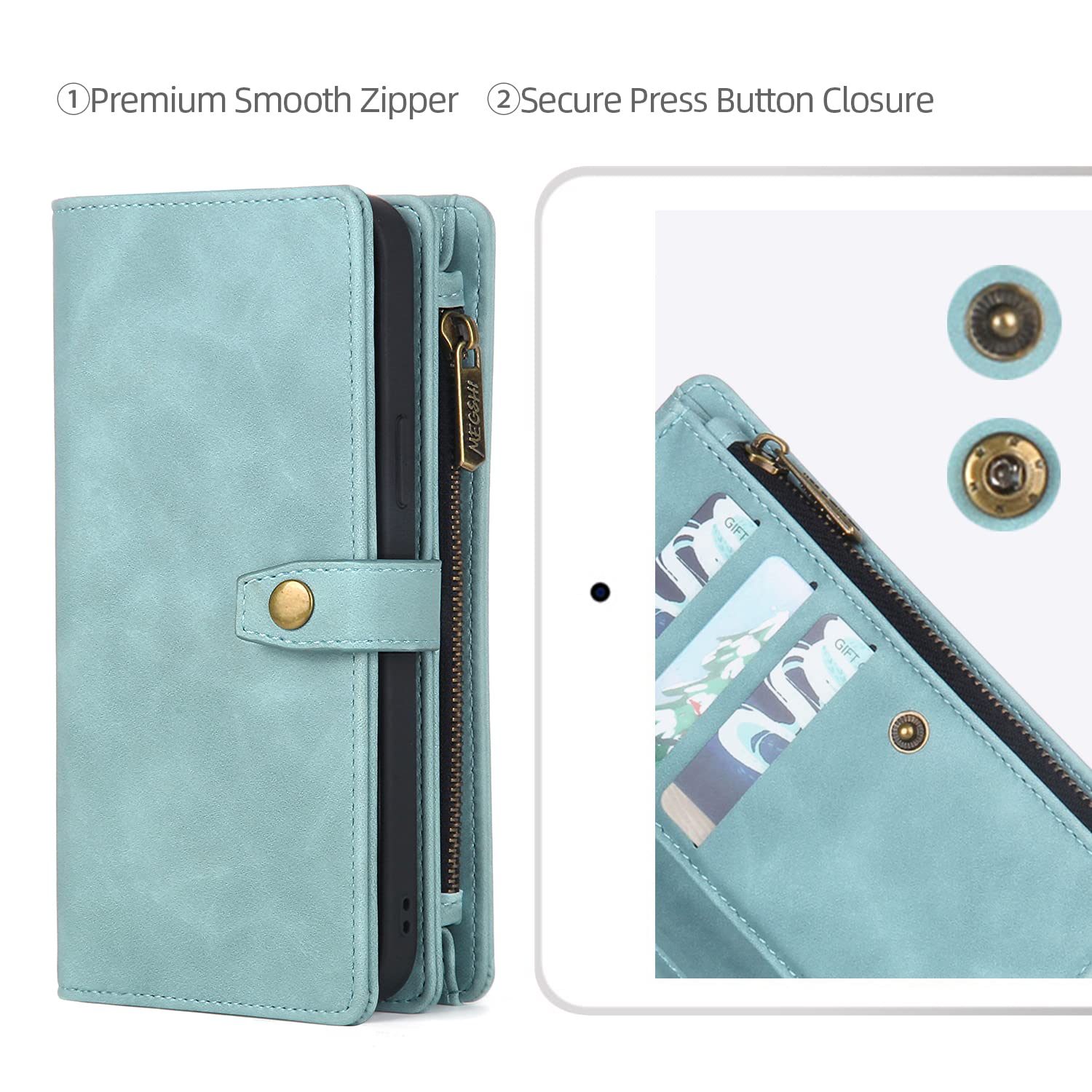 Magnetic Detachable Wallet Case for iPhone 14 with Card Holder & Wrist Strap - PU Leather Phone Cover for Women & Men (Blue) - Perfect for Everyday Use, Travel & Hands-Free Convenience