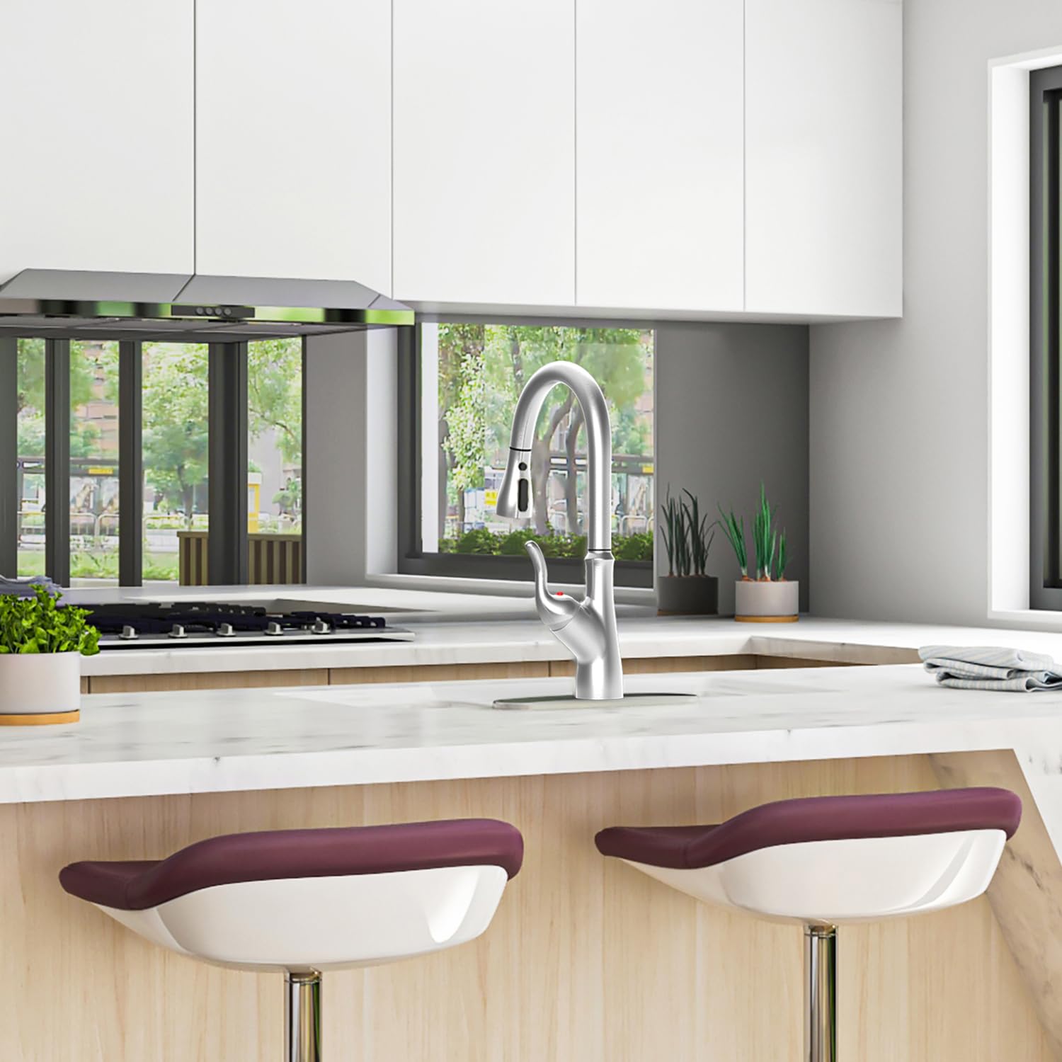 Smart Touchless Kitchen Faucet with Pull Down Sprayer - Brushed Nickel Finish, Touch On Activated Sensor for Modern Farmhouse, RV & Home Sinks (Perfect for Busy Cooks & Pet Washing)