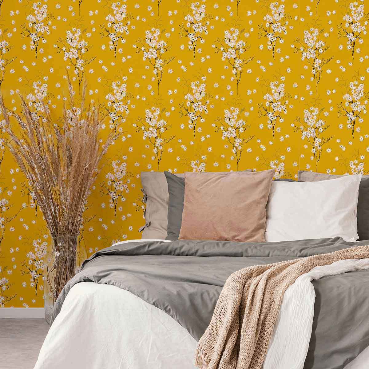 Yellow Floral Peel and Stick Removable Wallpaper 0982 - Self-Adhesive Wall Decal for Bedroom, Living Room, Nursery Home Decor