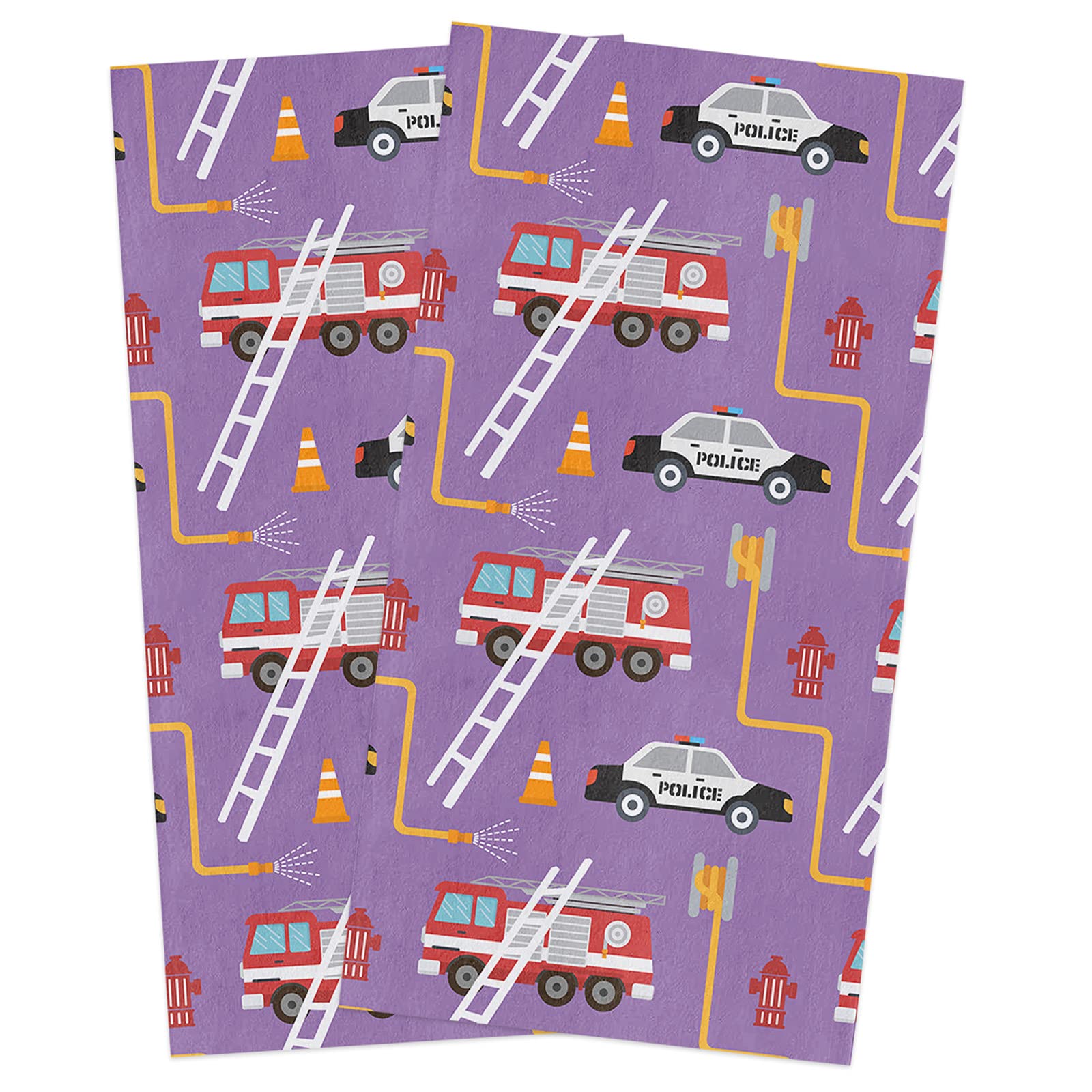 Cartoon Toy Police Car & Fire Truck Kitchen Dish Towels Set of 2 - Soft Lightweight Microfiber Absorbent Hand Towels (18x28in) for Kitchen, Bathroom | Perfect for Kids' Room, Themed Parties & Gift Giving