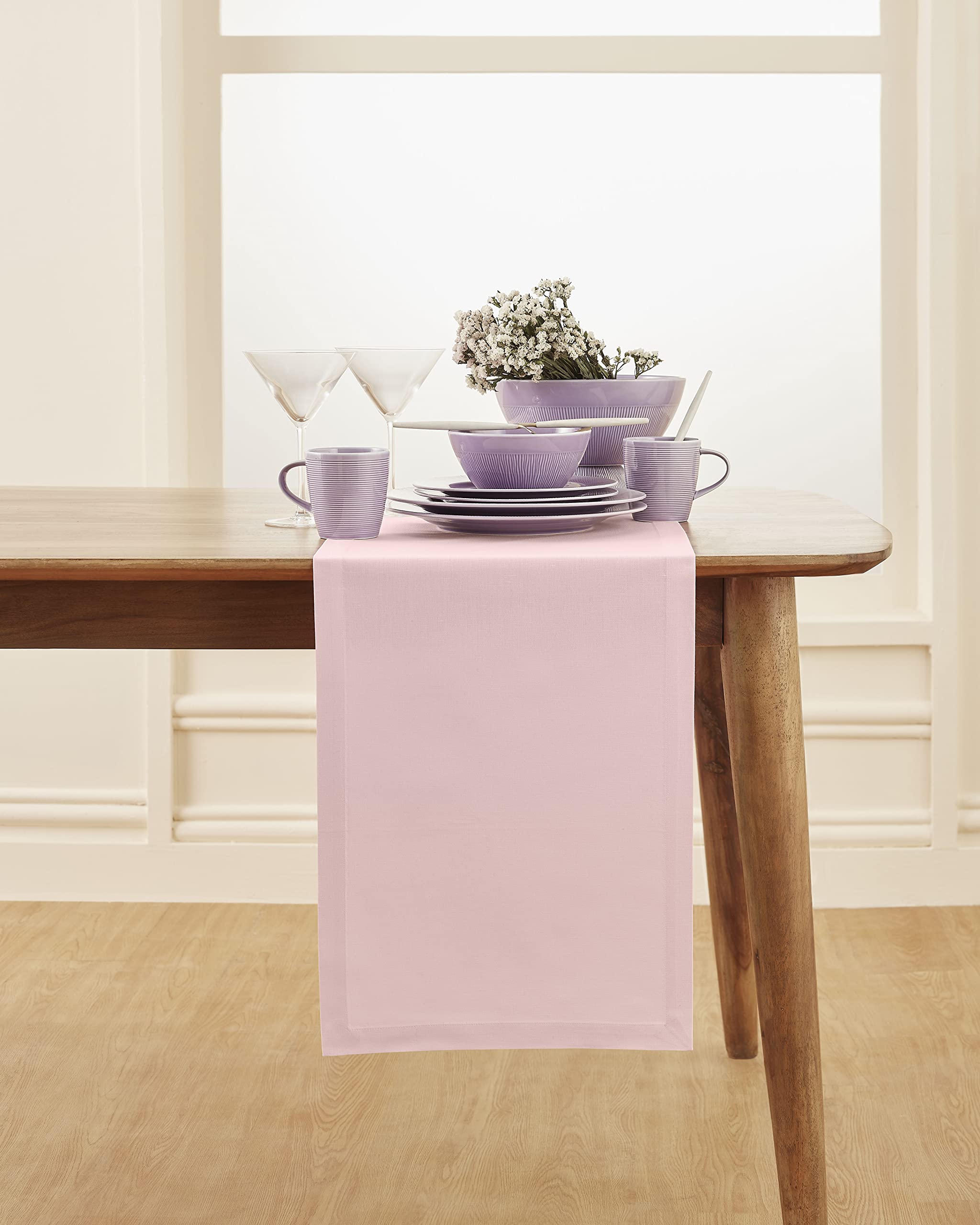 Solino Home Cotton Linen Table Runner - 14x72 Inch Pink Decorative Tablecloth for Dining Table, Coffee Table, Dresser | Machine Washable Fabric | Perfect for Weddings, Dinner Parties & Home Decor
