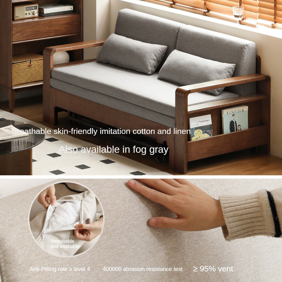 **Oak Solid Wood Folding Sofa Bed – Convertible Sleeper for Small Spaces, Guest Room & Studio Apartments**