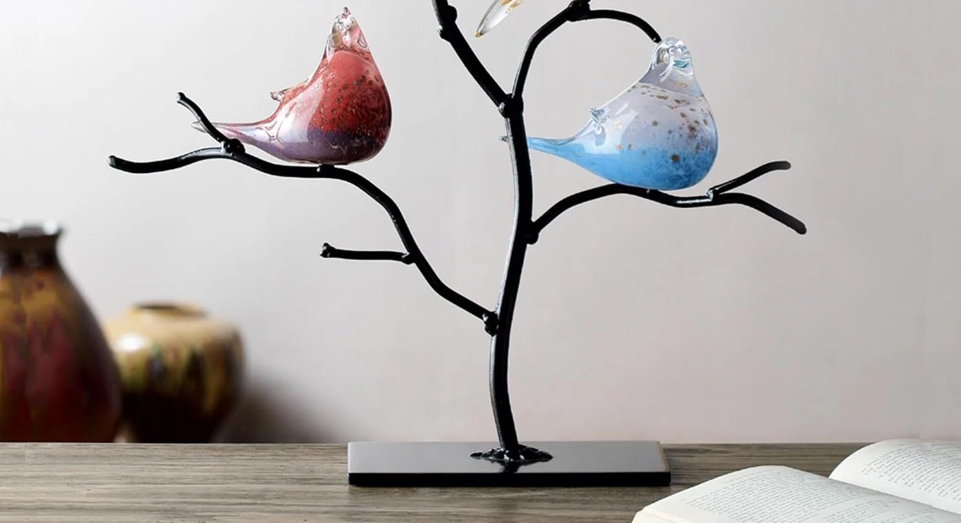 SPI Art Glass Bird Trio on Metal Tree Statue - Handmade Decorative Sculpture for Home & Garden Decor | Perfect for Living Room, Patio, or Gift