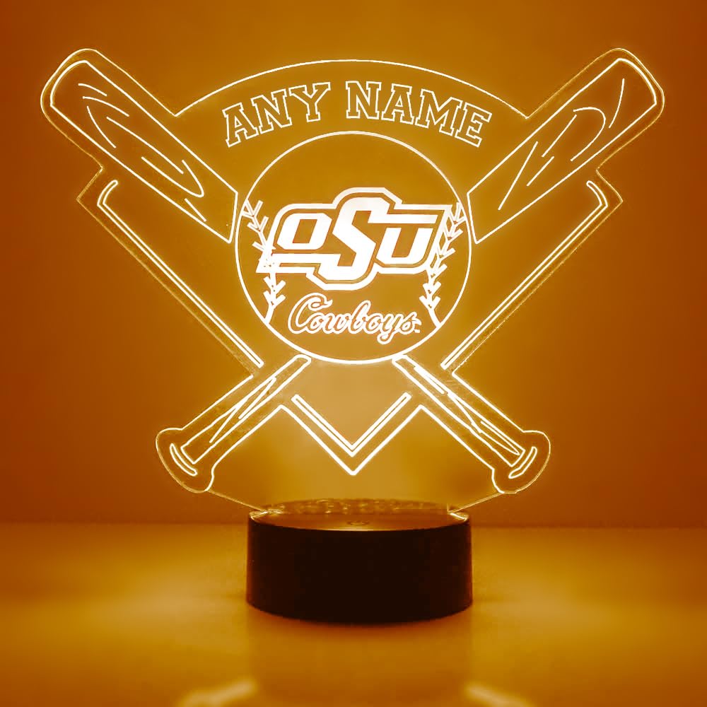 Oklahoma State University Cowboys Baseball LED Night Light - Officially Licensed College Sports Fan Gift - Personalized Free - Perfect for Bedroom, Dorm, Game Room Decor