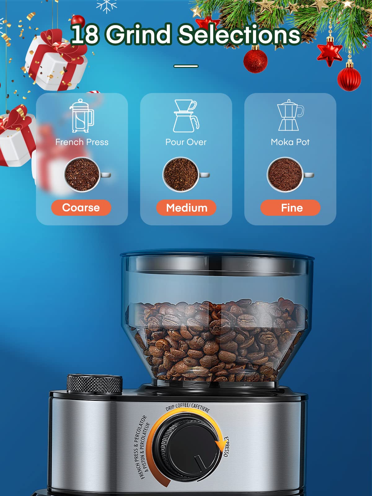 Premium Electric Burr Coffee Grinder - 18 Precise Grind Settings for Drip, French Press, Espresso & Turkish Coffee - 2-14 Cup Capacity - Ideal for Home, Office & Coffee Shops - Black