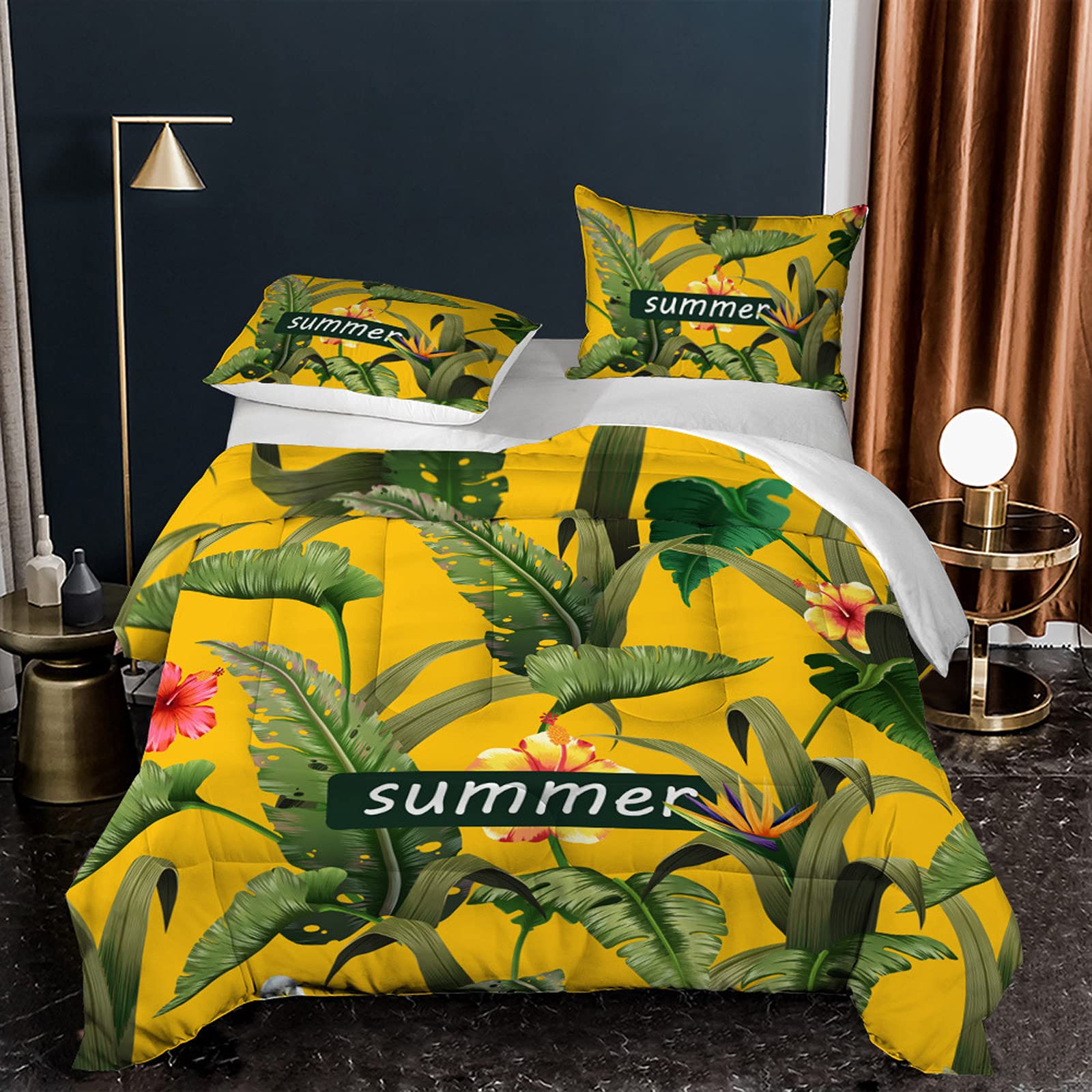 Tropical Summer Bedding Set Full Size - Green Palm Leaves & Yellow Flower Comforter with 2 Pillow Shams | Breathable Bedroom Decor for Beach House, Vacation Rental & Boho Chic Style