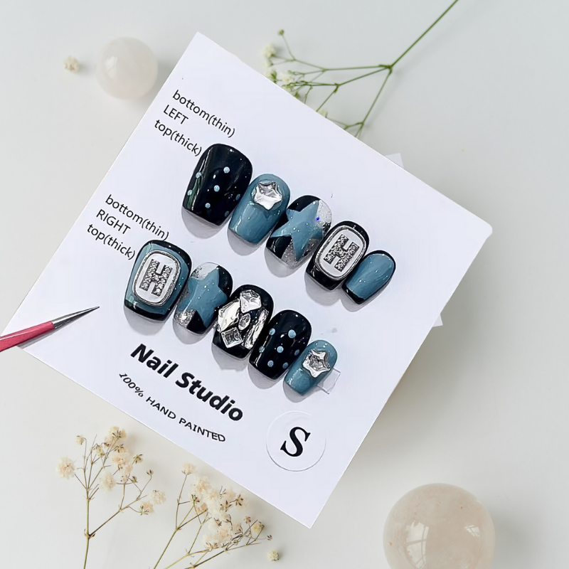Starry Clash Press on Nails - Glamorous False Nails with Rhinestones | Perfect for Parties, Weddings & Special Occasions
