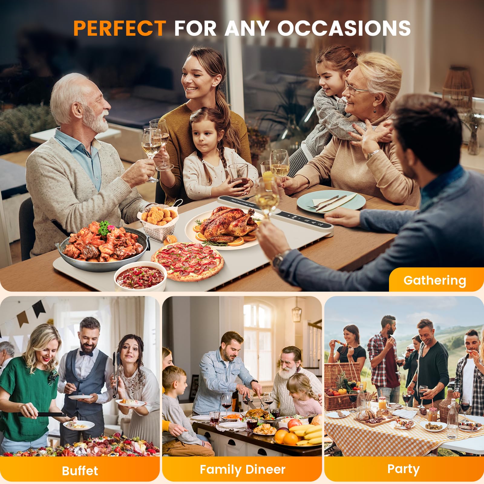 Electric Food Warming Mat - 9 Temperature Levels, Timer & Auto Shut-Off, Foldable Silicone Heating Tray for Buffet, Parties, Home & Office Use | Perfect for Keeping Meals Warm During Gatherings, Holidays & Daily Dining