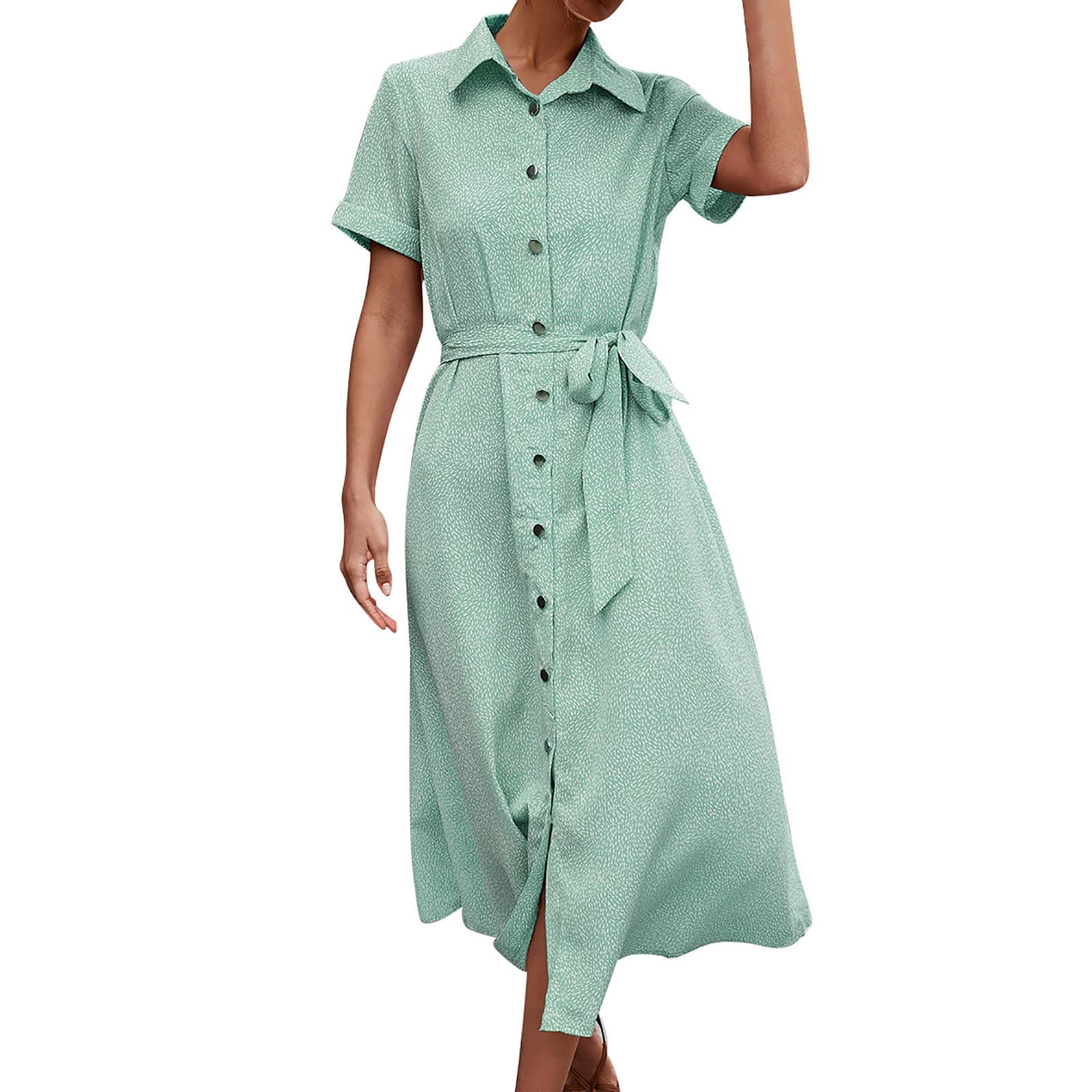 Vintage Polka Dot Button Down Shirt Dress with Collar Tie & Belt - Elegant Prom Dress for Women | Perfect for Parties, Weddings & Formal Events