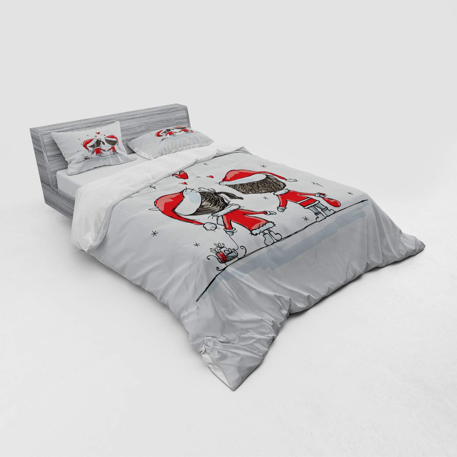 Ambesonne Christmas Duvet Cover Set - Santa Costume Family Romance Winter Night Print, 4-Piece Bedding Set with Shams & Fitted Sheet, Queen Size, Red & White | Cozy Holiday Decor for Bedroom, Perfect Gift for Couples