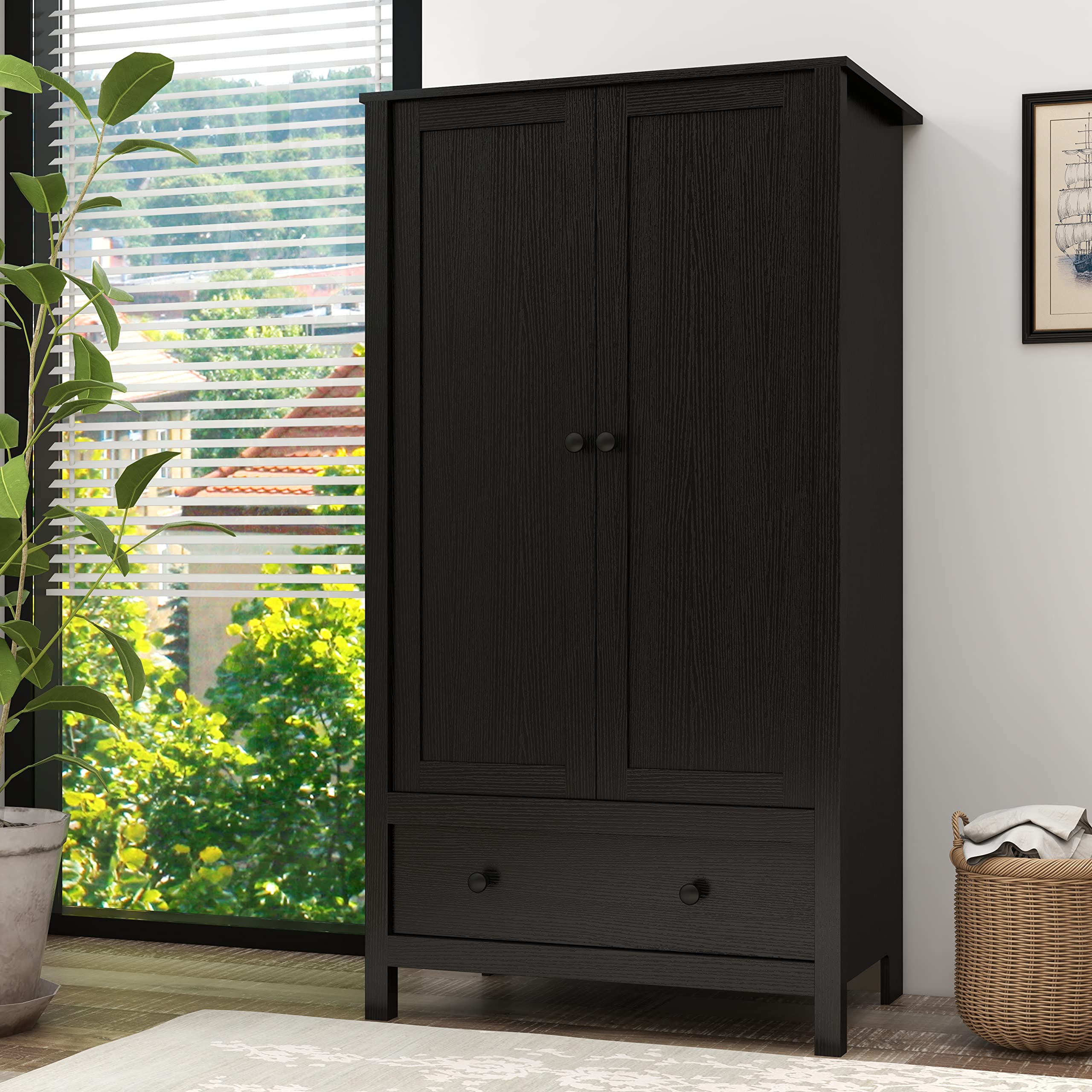 Panana 2 Door Wardrobe Closet with Drawer - Black Wooden Armoire for Bedroom Storage | Perfect for Organizing Clothes, Shoes & Accessories in Master Bedroom, Guest Room or Dorm
