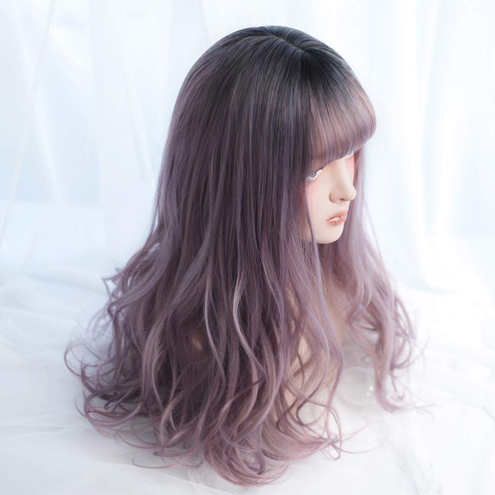 AIYAYA Long Curly Synthetic Wig with Wig Cap - Ombre Purple Heat Resistant Hairpiece for Cosplay, Halloween, Parties & Daily Wear | Natural Looking Costume Accessory for Women