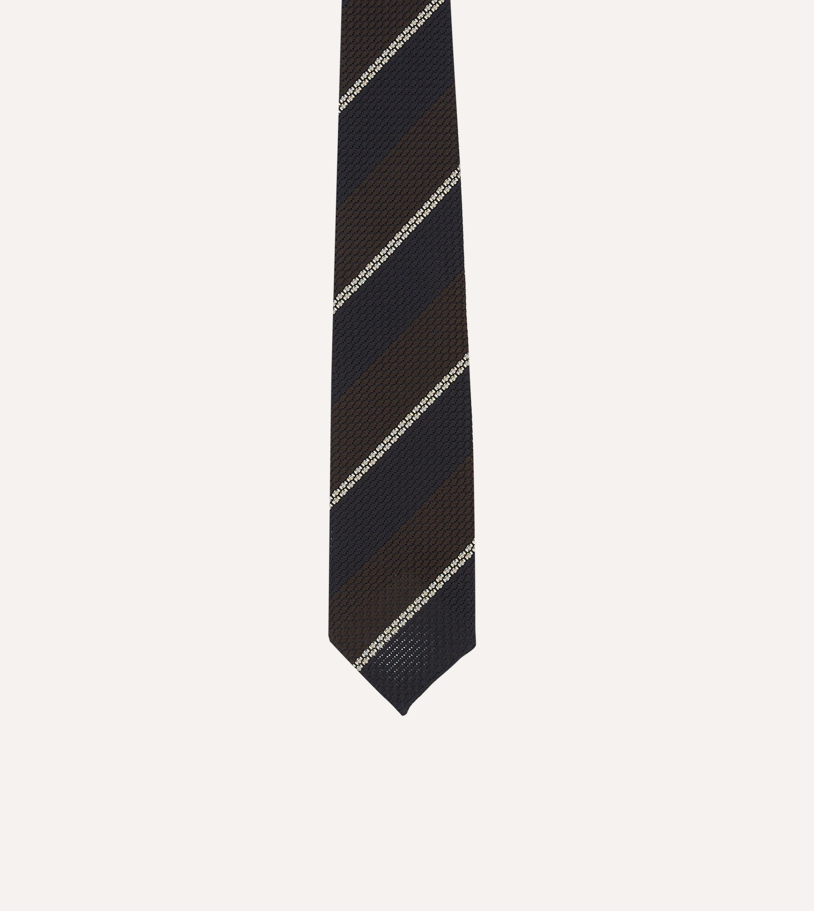 Premium Navy, Brown & White Multi-Stripe Hand Rolled Silk Grenadine Tie for Men | Classic Business & Formal Wear | Perfect for Weddings, Office & Special Occasions