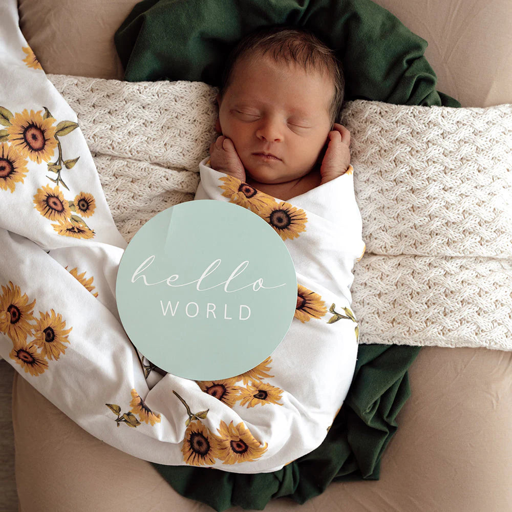 Snuggle Hunny Baby Jersey Wrap & Topknot Set - Soft Sunflower Print for Newborns & Infants - Perfect for Photo Shoots, Baby Showers & Nursery Decor