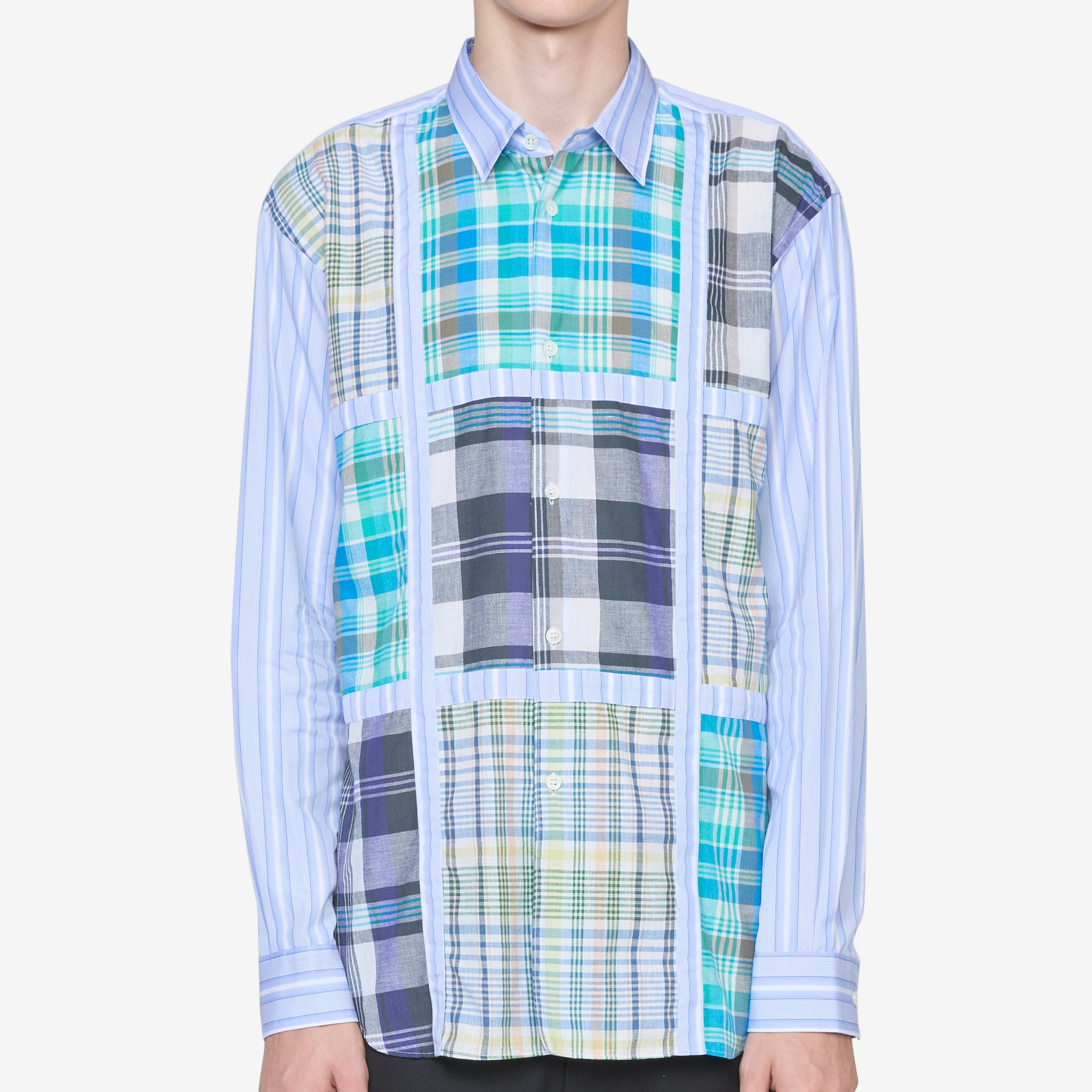 Blue Checked Panel Striped Shirt for Men - Casual Button Down Shirt for Office, Dating & Outdoor Activities