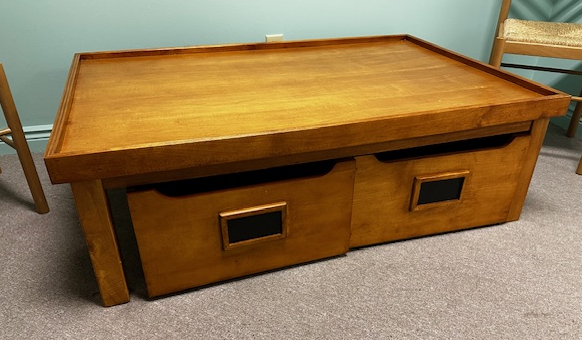 Modern Coffee Table with Storage Drawers and Wheels - Mobile Floor Model for Living Room, Office, or Dorm - Easy to Move and Organize