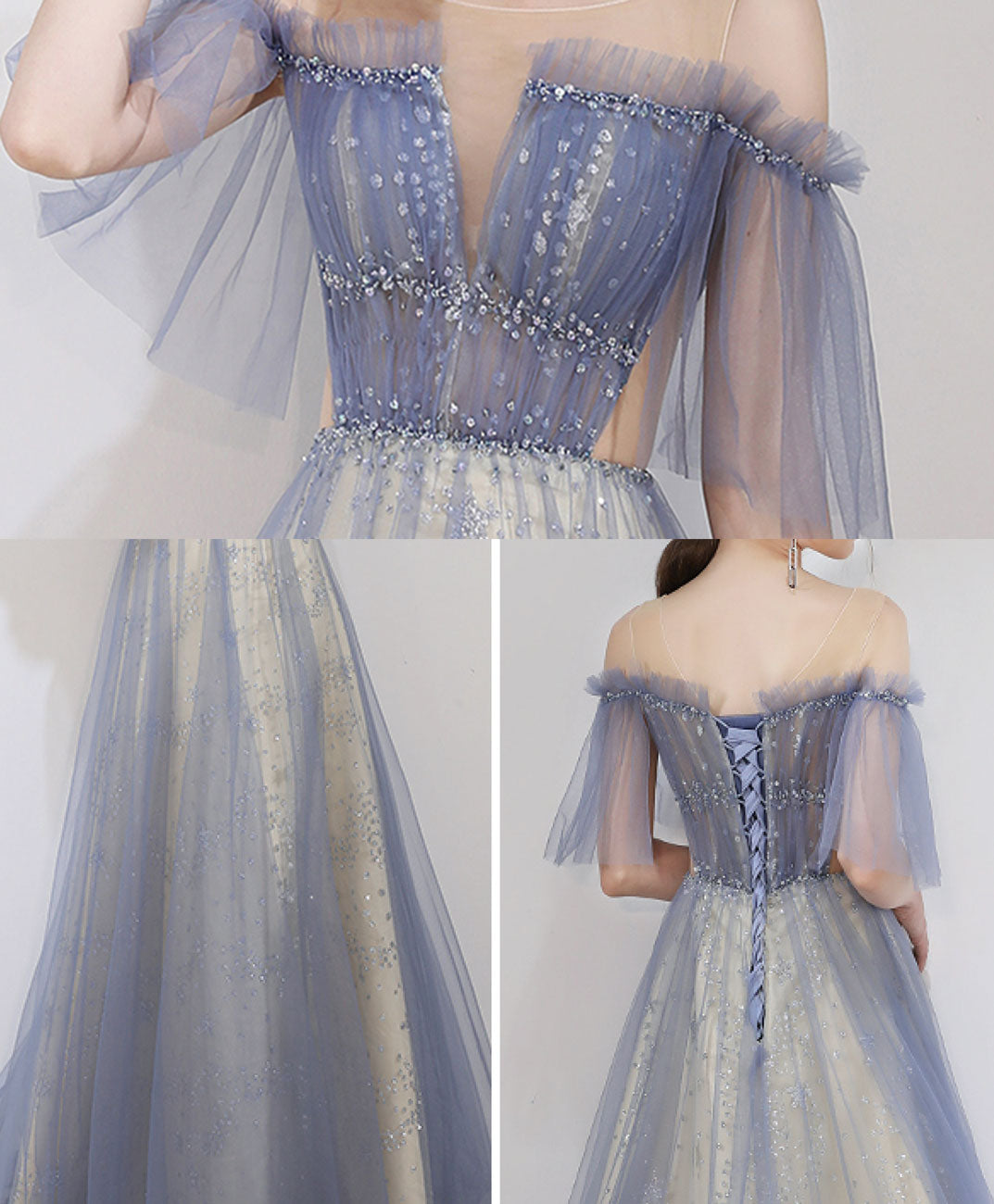 Elegant Blue Tulle Lace Round Neck Long Prom Dress for Women - Perfect for Evening Gowns, Formal Dances & Special Occasions