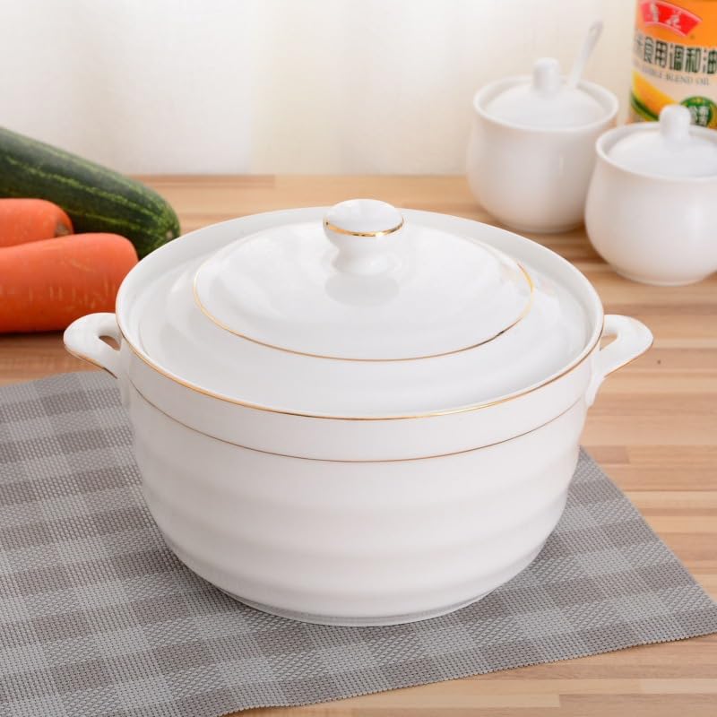 Premium White Ceramic Soup Tureen with Lid - Large Heat-Resistant Porcelain Serving Bowl with Gold Gilded Handles (Spiral Design) for Elegant Dining, Holiday Entertaining & Family Gatherings