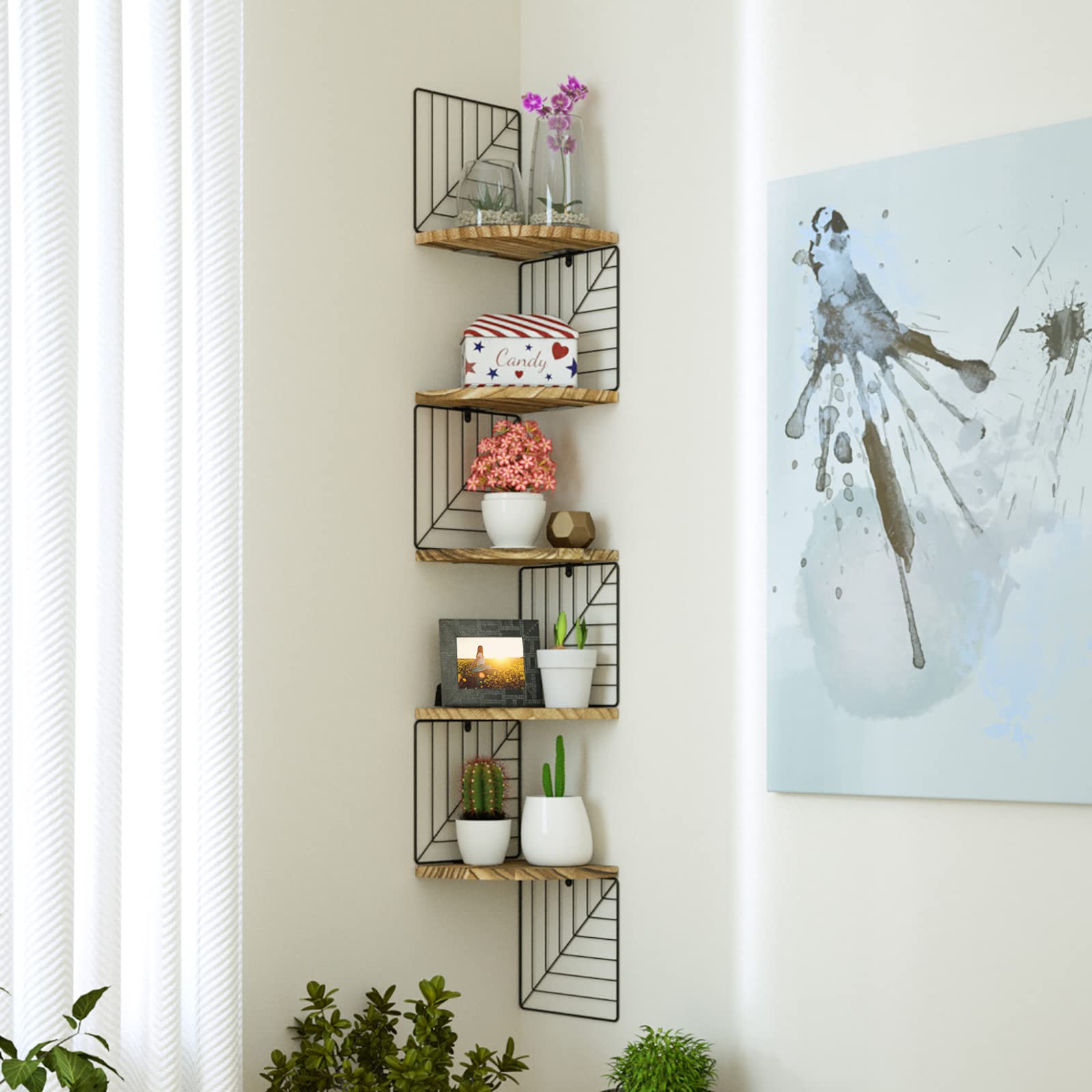 5-Tier Rustic Wood Floating Wall Shelves - Carbonized Black Corner Shelf for Bedroom, Living Room, Bathroom, Kitchen & Office | Space-Saving Storage & Decorative Display Solution