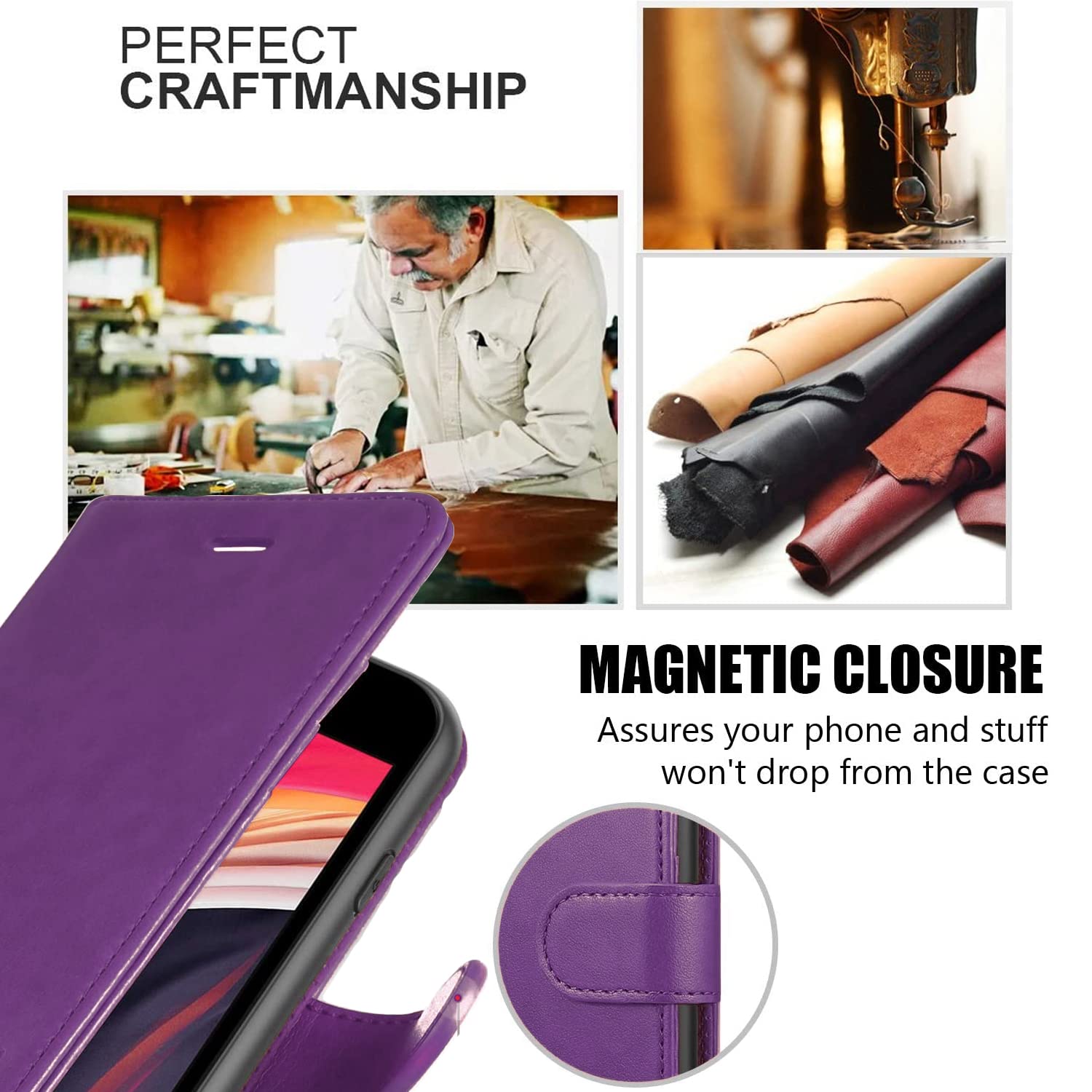 STARSHOP iPhone 13 Pro Case with Tempered Glass Screen Protector - PU Leather Wallet Shockproof Phone Cover with Kickstand, Card Slots & Magnetic Closure (Purple) - Perfect for Work, Travel & Daily Protection