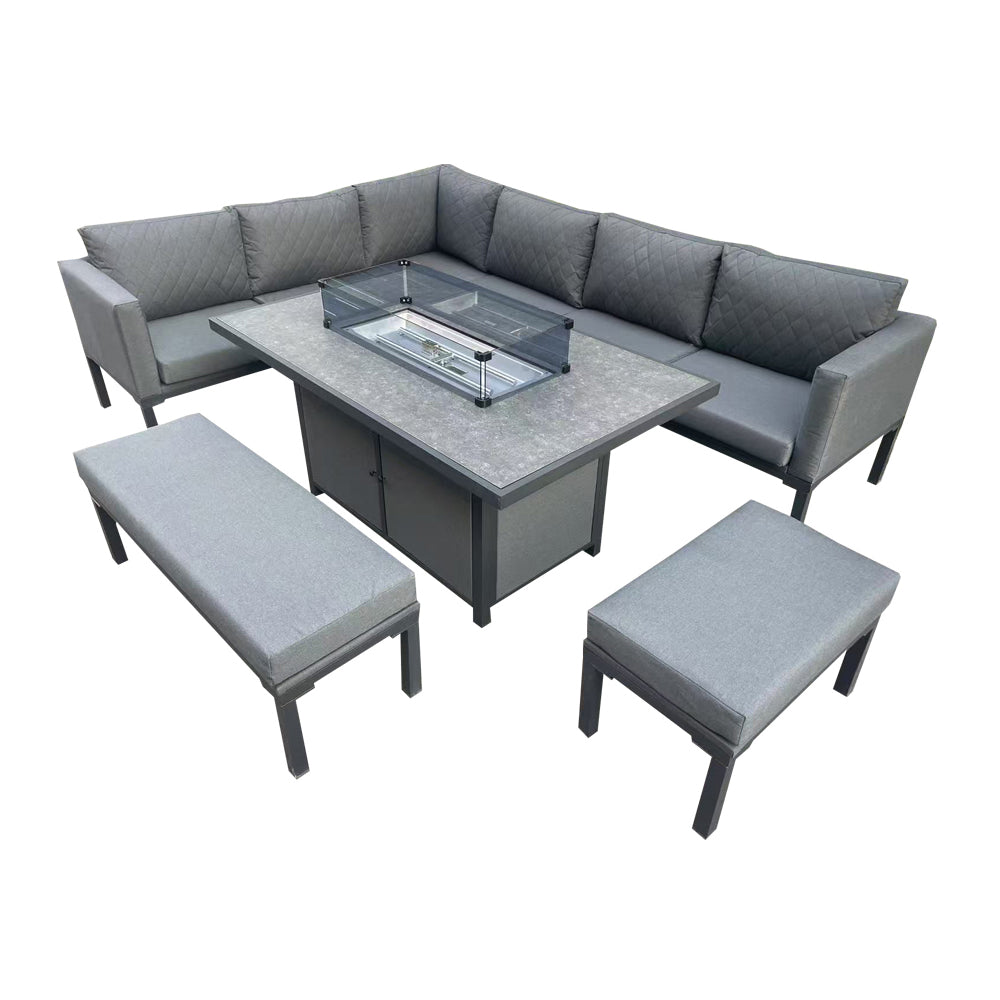 Malaga Grey L-Shaped Luxury Rattan Patio Set with Rectangular Fire Pit Table - Outdoor Furniture for Backyard, Garden & Poolside Relaxation