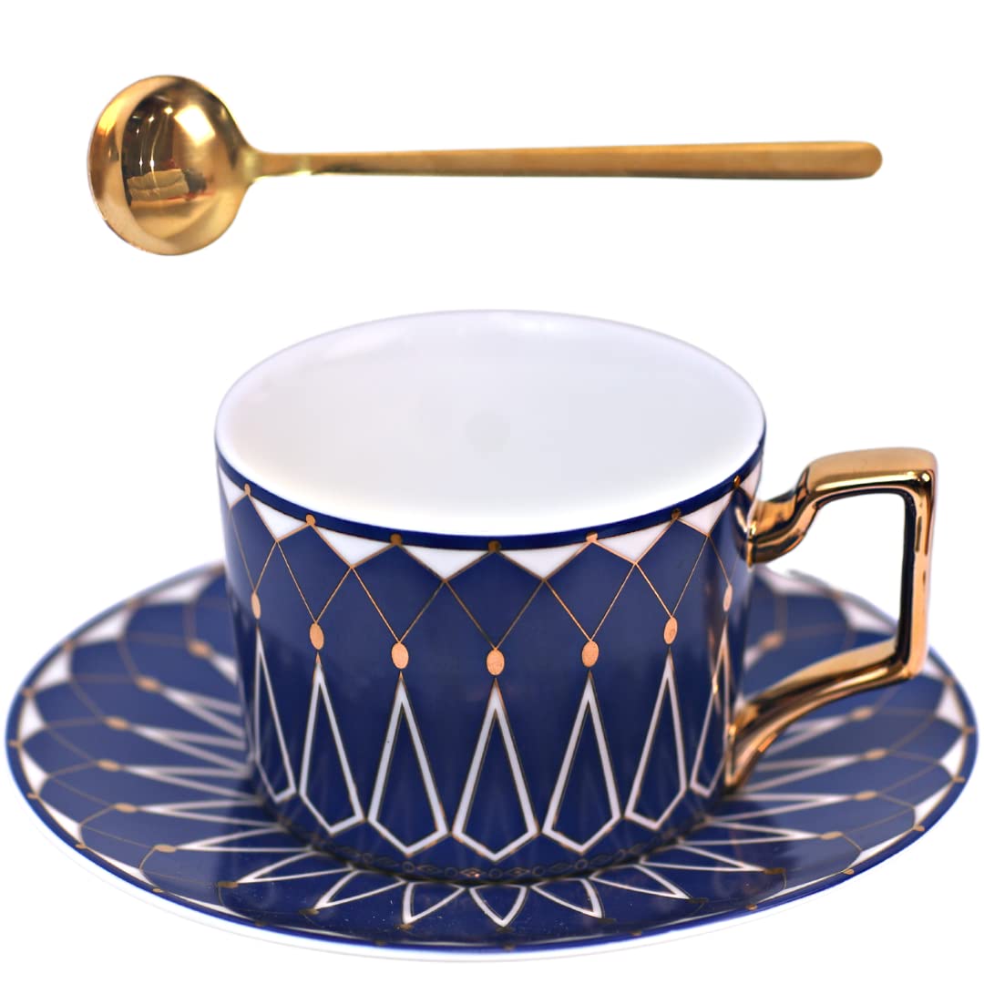 Premium Ceramic Bone China Tea & Coffee Cup Set - 220ml/7.4oz Cups with Matching Saucers & Spoons - Elegant Cappuccino, Espresso & Turkish Tea Mugs - Perfect Holiday Gift for Home, Office & Cafe Use