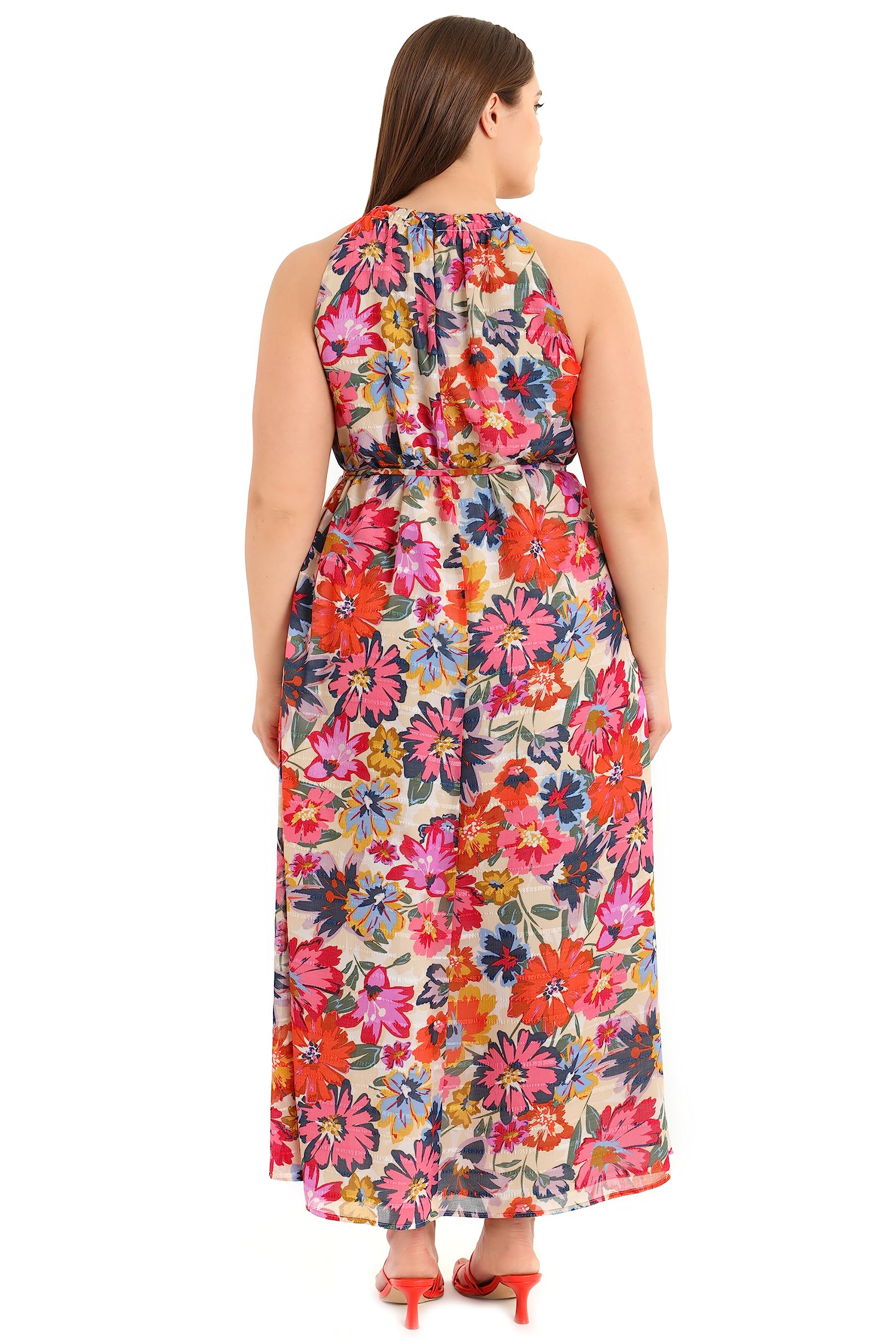 Maggy London Floral Halter Maxi Dress with Waist Tie for Summer Beach