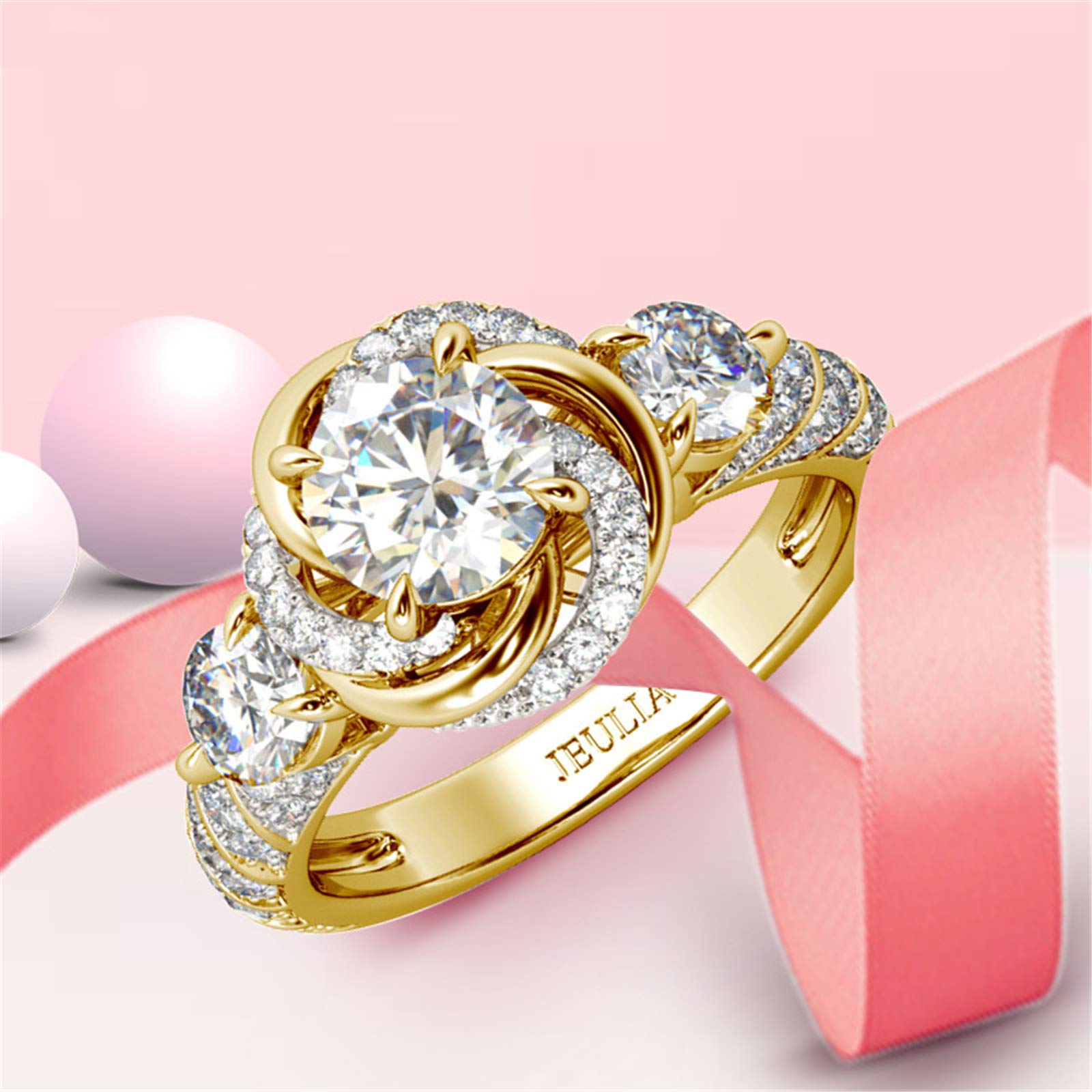 Jeulia 3 Carat Halo Simulated Diamond Engagement Ring - 925 Sterling Silver Yellow Gold Plated Cubic Zirconia Wedding Band for Women - Anniversary Promise Ring with Jewelry Gift Box - Perfect for Proposals, Weddings & Special Occasions