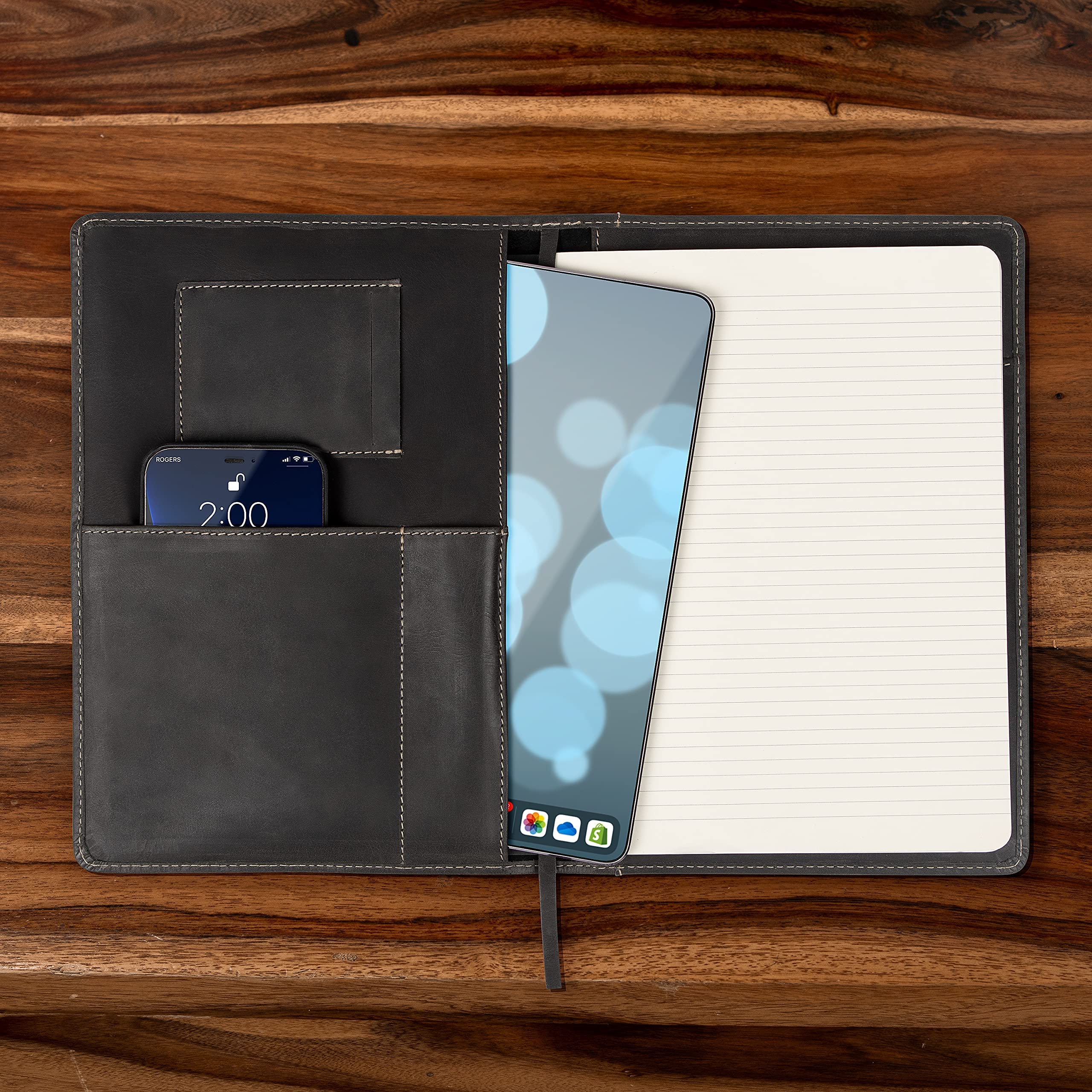 Premium Theodore Black Leather Notebook Cover 7.8 x 10.8 Inch - Professional Journal Organizer with Tablet Pocket, Phone Holder, Business Card Slots & Pen Loop - Fits Moleskine XL Notebooks - Perfect for Business Meetings, Office Work & Travel Organization