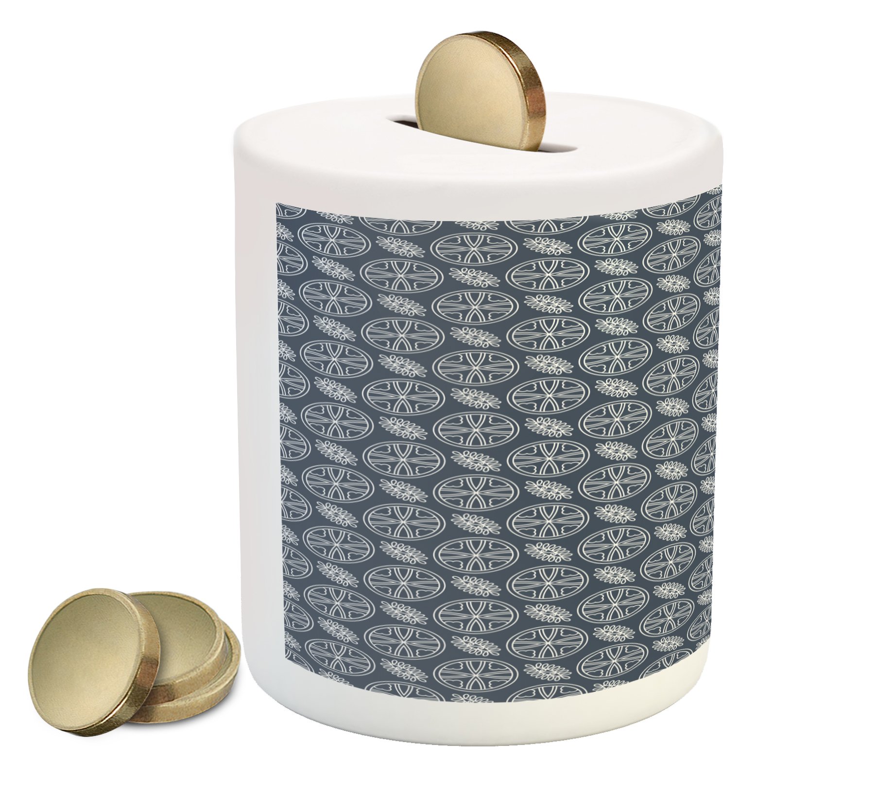 Ambesonne Japanese Ceramic Piggy Bank - Floral Circle & Ornate Leaf Abstract Design, Money Saving Coin Box for Cash & Coins (Charcoal Grey, Dark Blue, White) - Perfect for Home Decor, Gift Giving & Kids Savings