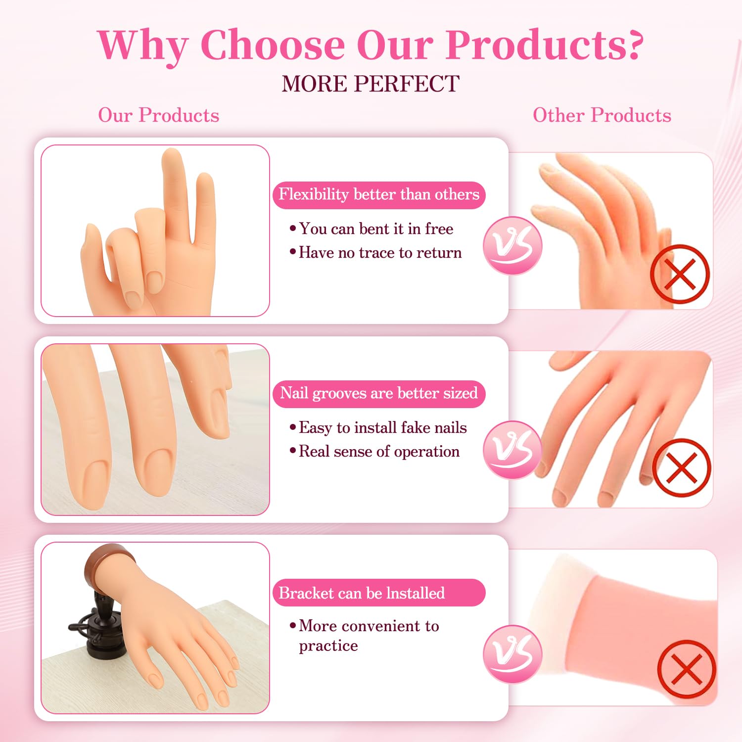 Professional Acrylic Nail Practice Hand - Flexible Bendable Mannequin Hand with Clamp Holder for Nail Art Training - Perfect for Beginners & Students - Ideal for Salon Practice, Home Learning & Nail Technician Certification Prep (Nude)