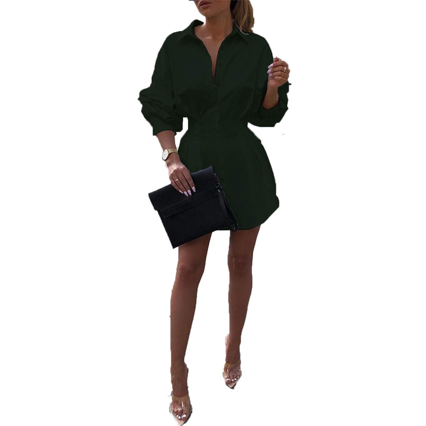 Sexy Mini Shirt Dress for Women - Casual Button Down Long Sleeve V-Neck Belted Blouse Top | Perfect for Date Night, Office Wear & Weekend Outfits