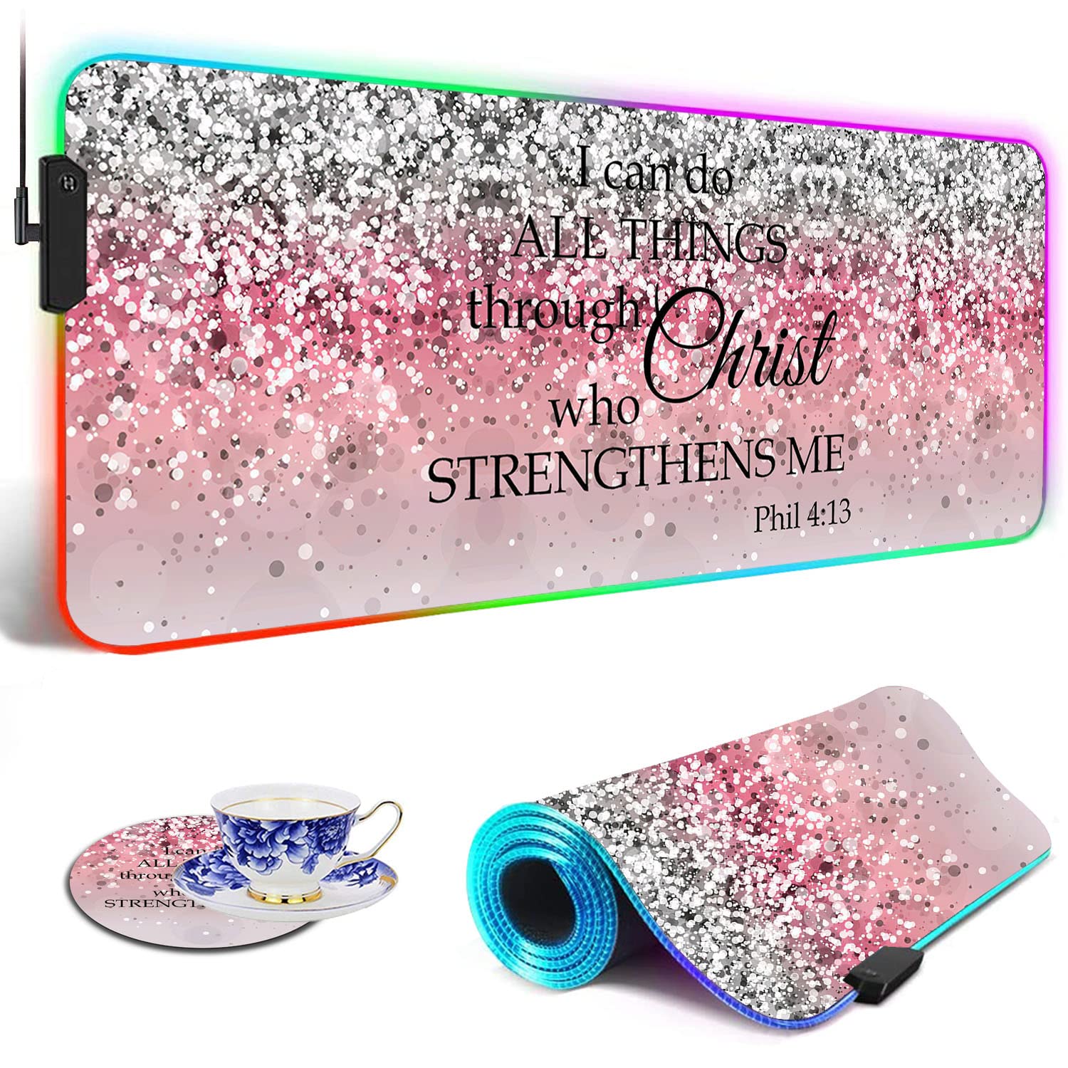 RGB Gaming Mouse Pad with LED Lights - Large Non-Slip Desk Mat for Keyboard & Mouse - Pink Sparkle Glitter Design with Philippians 4:13 Bible Verse - Perfect for PC Gaming, Office Work & Home Decor